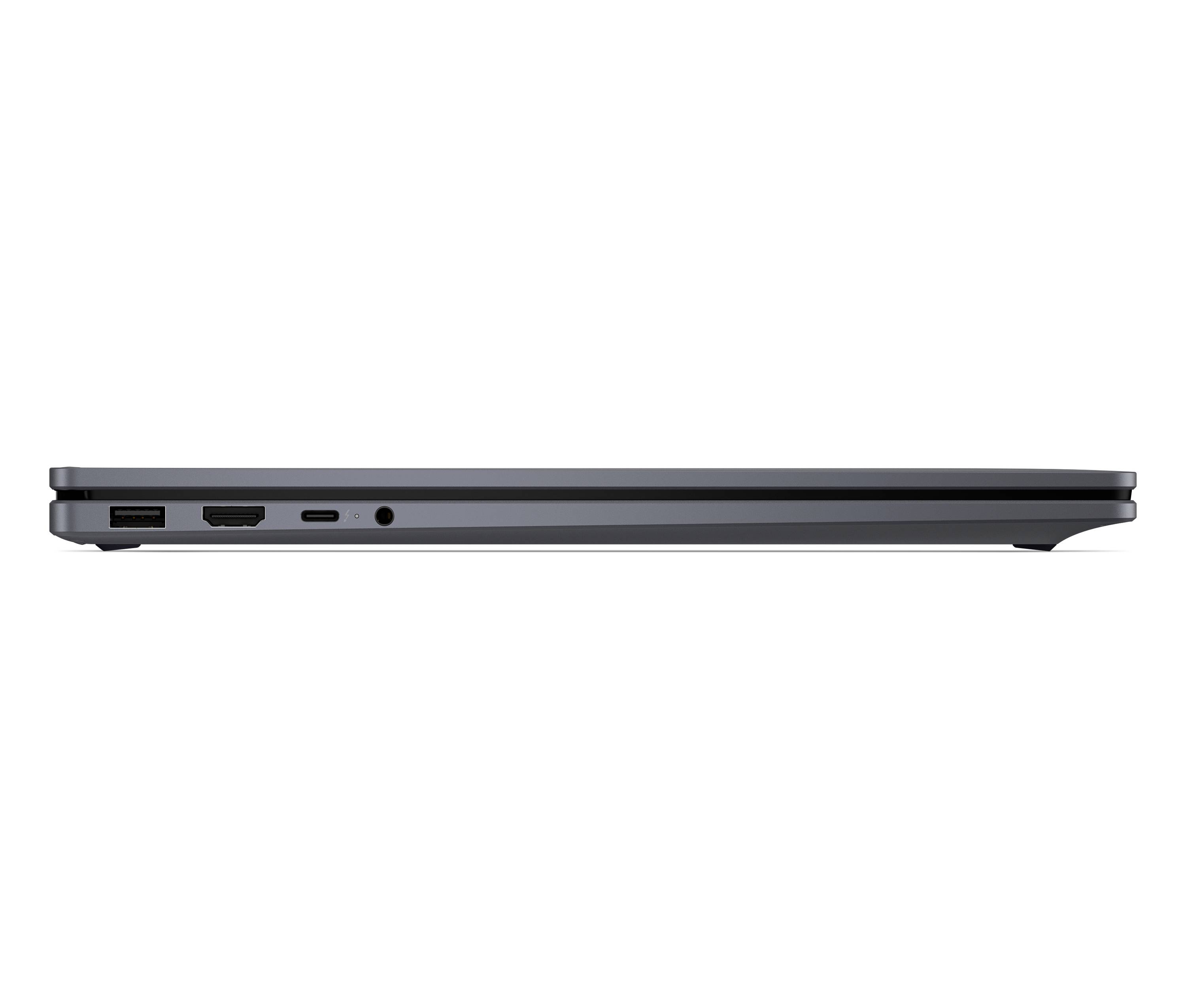 Seitenansicht eines schlanken Laptops mit Anschlüssen an der linken Seite: USB-A, HDMI, USB-C und Kopfhörerbuchse.