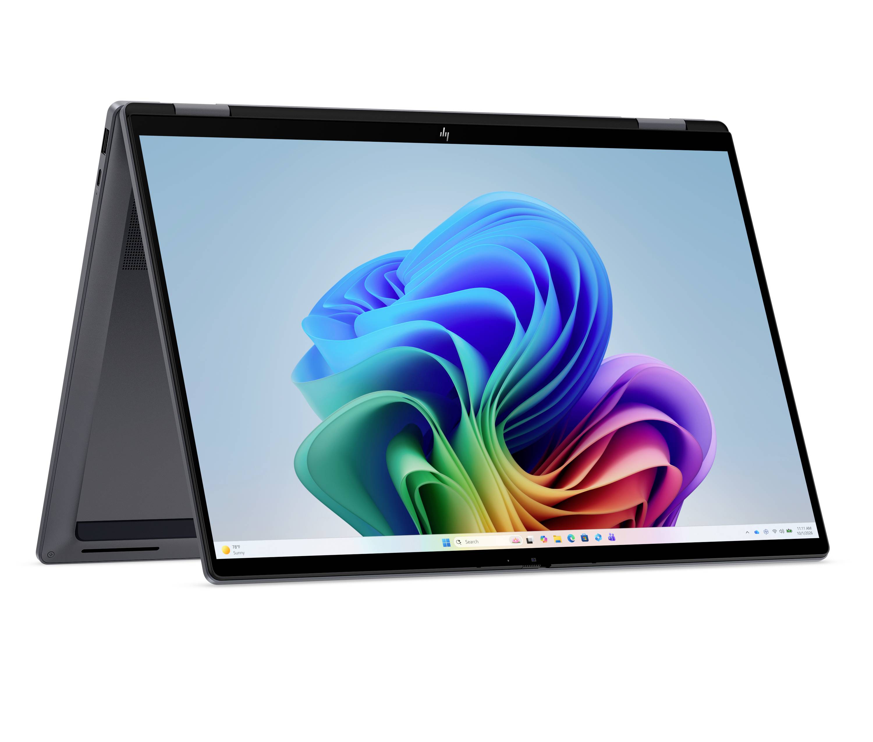 Ein 2-in-1-Laptop/Tablet im Zeltmodus, das die farbenfrohe Wirbel-Hintergrundversion von Windows 11 auf weißem Hintergrund anzeigt.