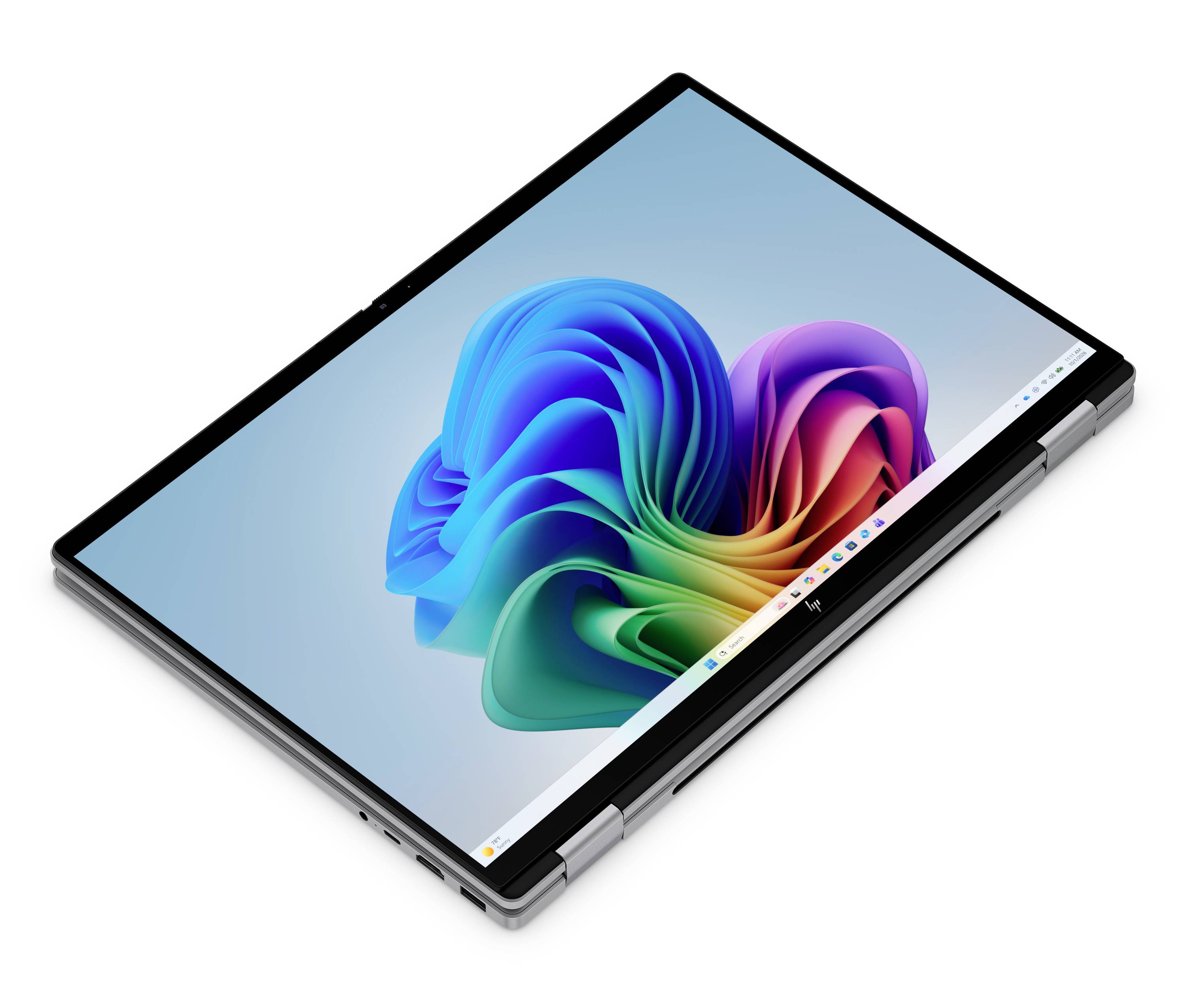 2-in-1-Laptop/Tablet mit umklappbarem Scharnier, offen in Querformat angezeigt und zeigt einen farbenfrohen, abstrakten Windows-ähnlichen Hintergrund.