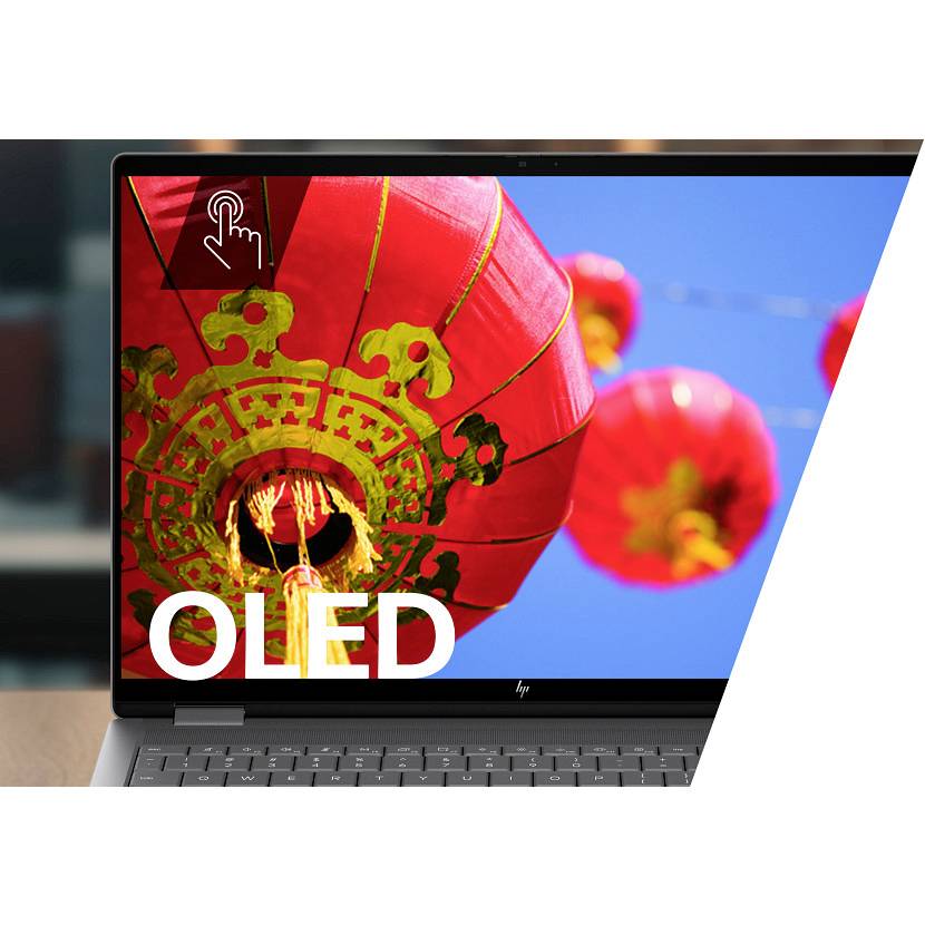 Ein Laptop zeigt ein lebendiges rotes Lampenbild mit dem Wort „OLED" und einem Touch-Symbol an und deutet auf ein OLED-Touchscreen-Display hin.