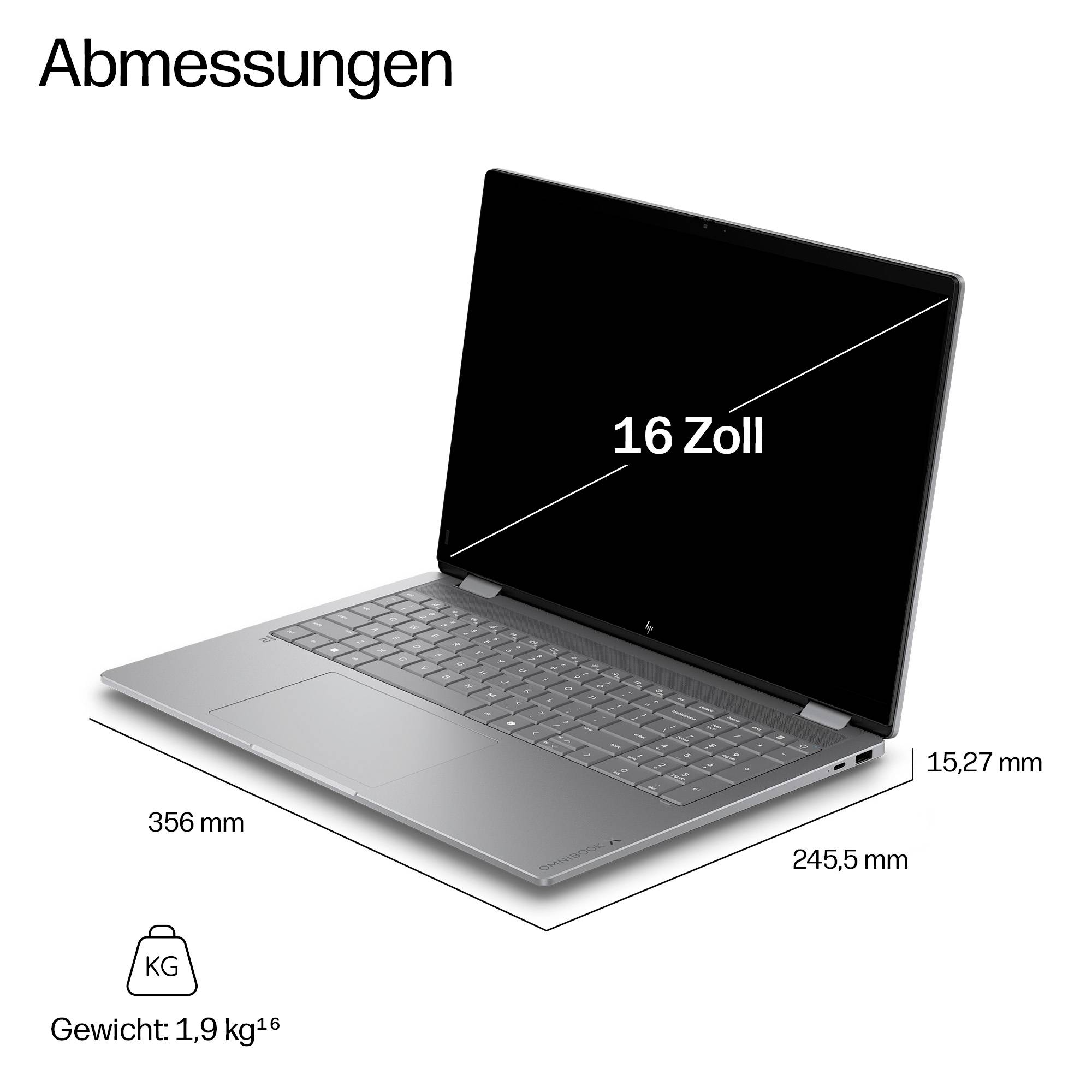 Laptop-Abmessungsdiagramm mit einem 16-Zoll-Modell: 356 mm breit, 245,5 mm tief, 15,27 mm dick, Gewicht 1,9 kg.