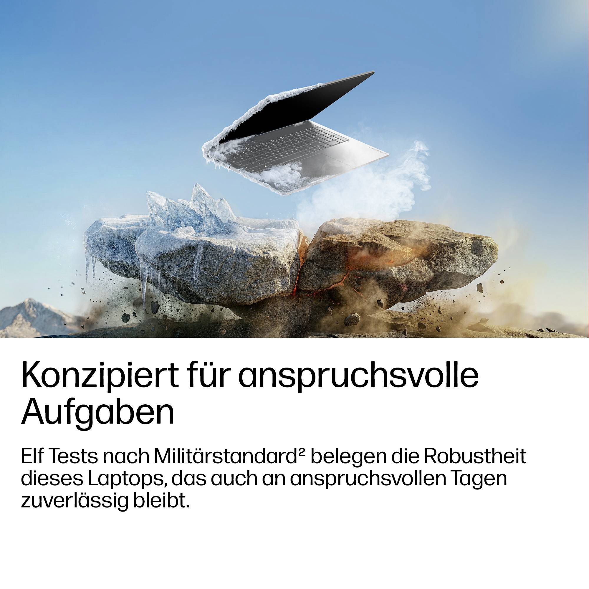 Laptop schwebt über gespaltenen Eis und Felsen mit Text: "Konzipiert für anspruchsvolle Aufgaben" und der Behauptung von 11 militärischen Standardtests, die Haltbarkeit beweisen.