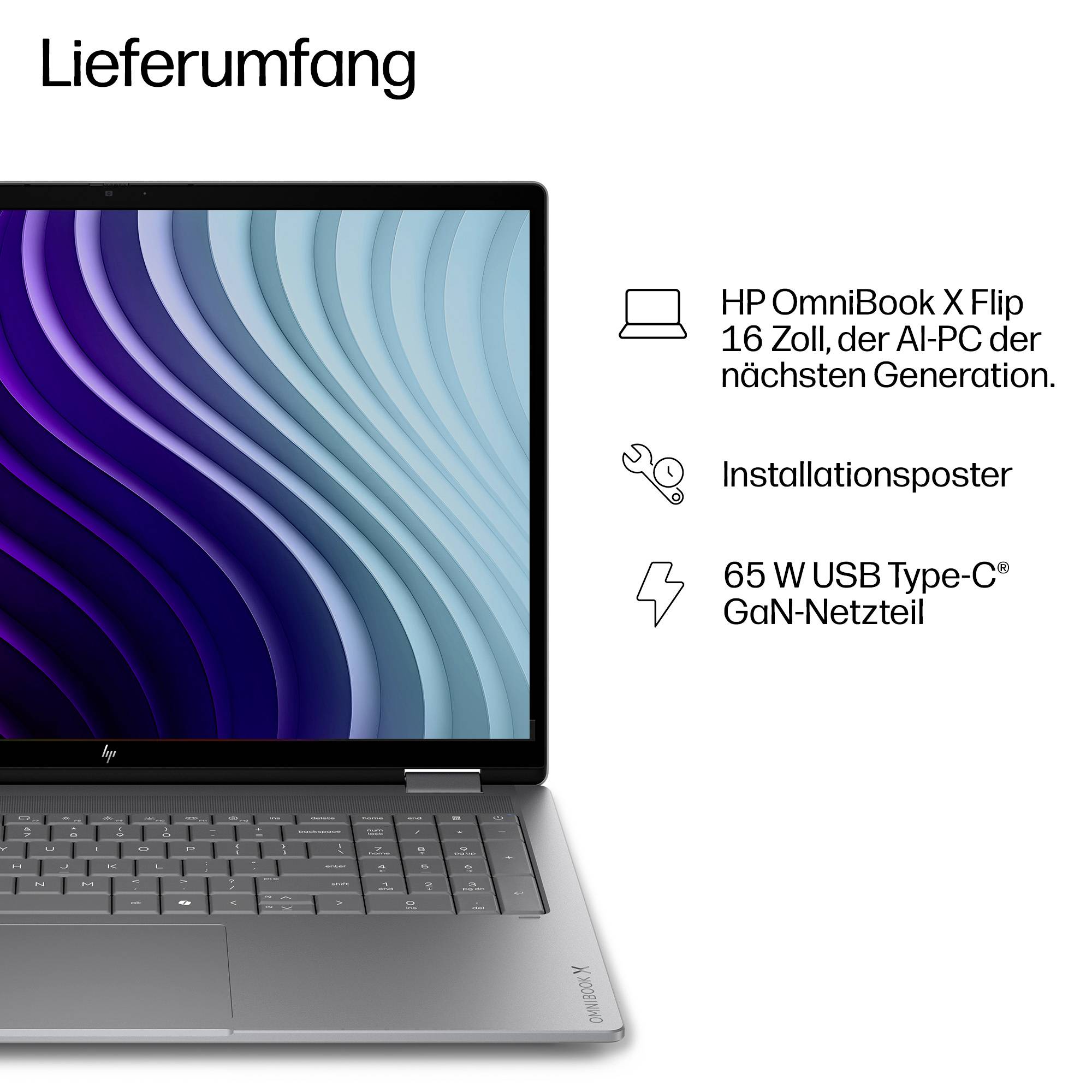 Lieferumfang für HP OmniBook X Flip 16 Laptop: Notebook, Setupplakat und 65-W-USB-C-GaN-Netzteil.