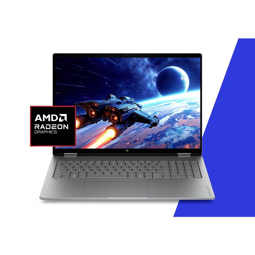 Silberner Laptop, der eine Weltraum-Spielszene anzeigt, mit einem AMD Radeon Graphics Logo-Abzeichen auf der linken Seite.