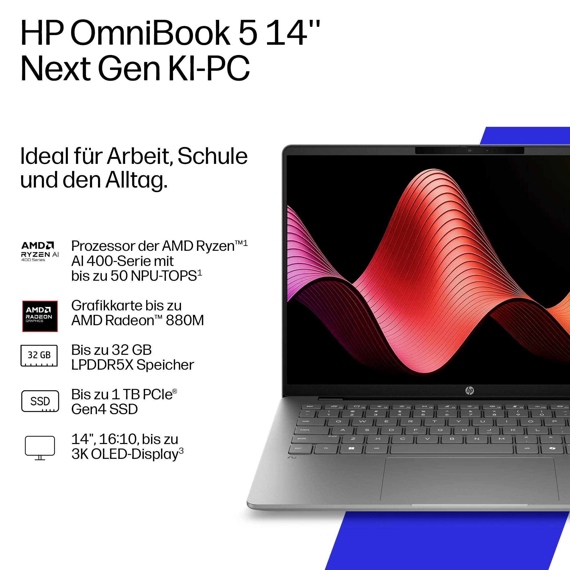 Anzeige für den Laptop „HP OmniBook 5 14" Next Gen KI-PC", mit einem 14-Zoll-Gerät und wichtigsten Spezifikationen: AMD Ryzen AI 400, bis zu 50 NPU TOPS, Radeon 880M, 32 GB RAM, 1 TB SSD, 3K OLED-Display.