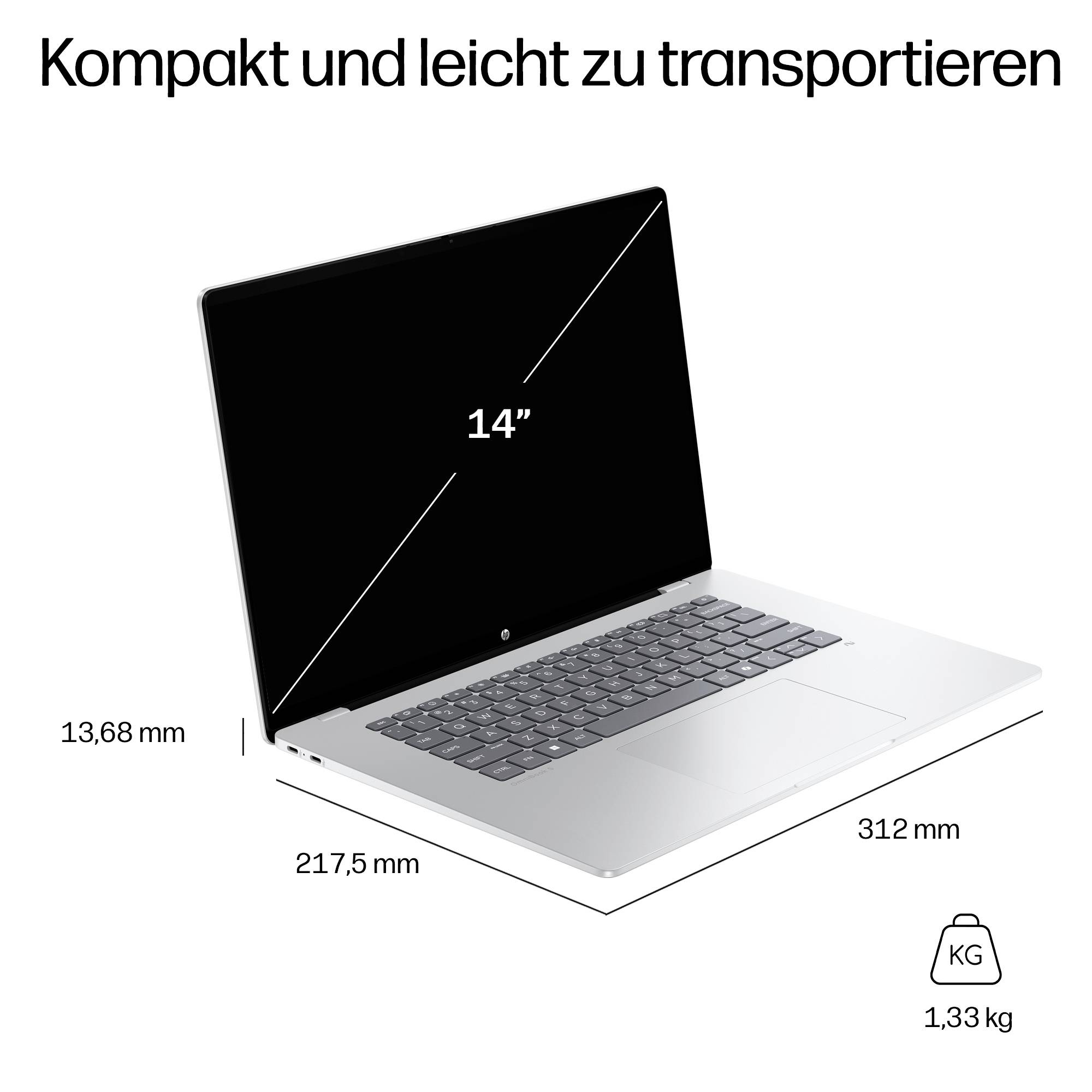 Kompakter 14-Zoll-Laptop mit den Abmessungen 312 mm × 217,5 mm × 13,68 mm und einem Gewicht von 1,33 kg, was die Portabilität unterstreicht.