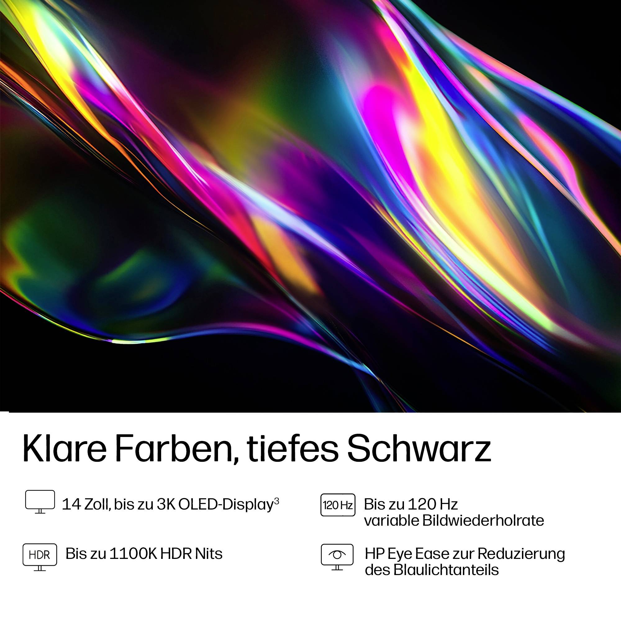 Abstrakte farbige Lichtstreifen auf Schwarz über deutschen Produktmerkmalen: 14-Zoll-Display mit bis zu 3K OLED, 120 Hz, bis zu 1100K HDR-Nits, HP Eye Ease.