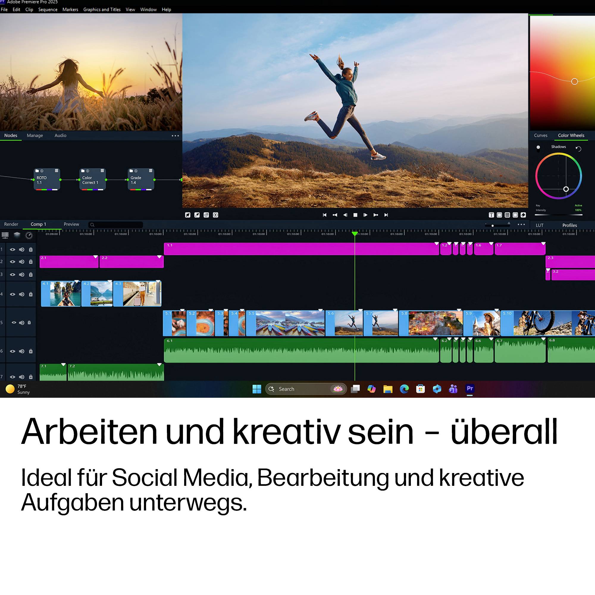 # Promotionsbild einer Video-Bearbeitungs-App auf einem Laptop-Bildschirm, mit einer Timeline, Vorschaufenstern, Farbwerkzeugen und deutschem Text, der kreative Arbeit überall bewirbt.