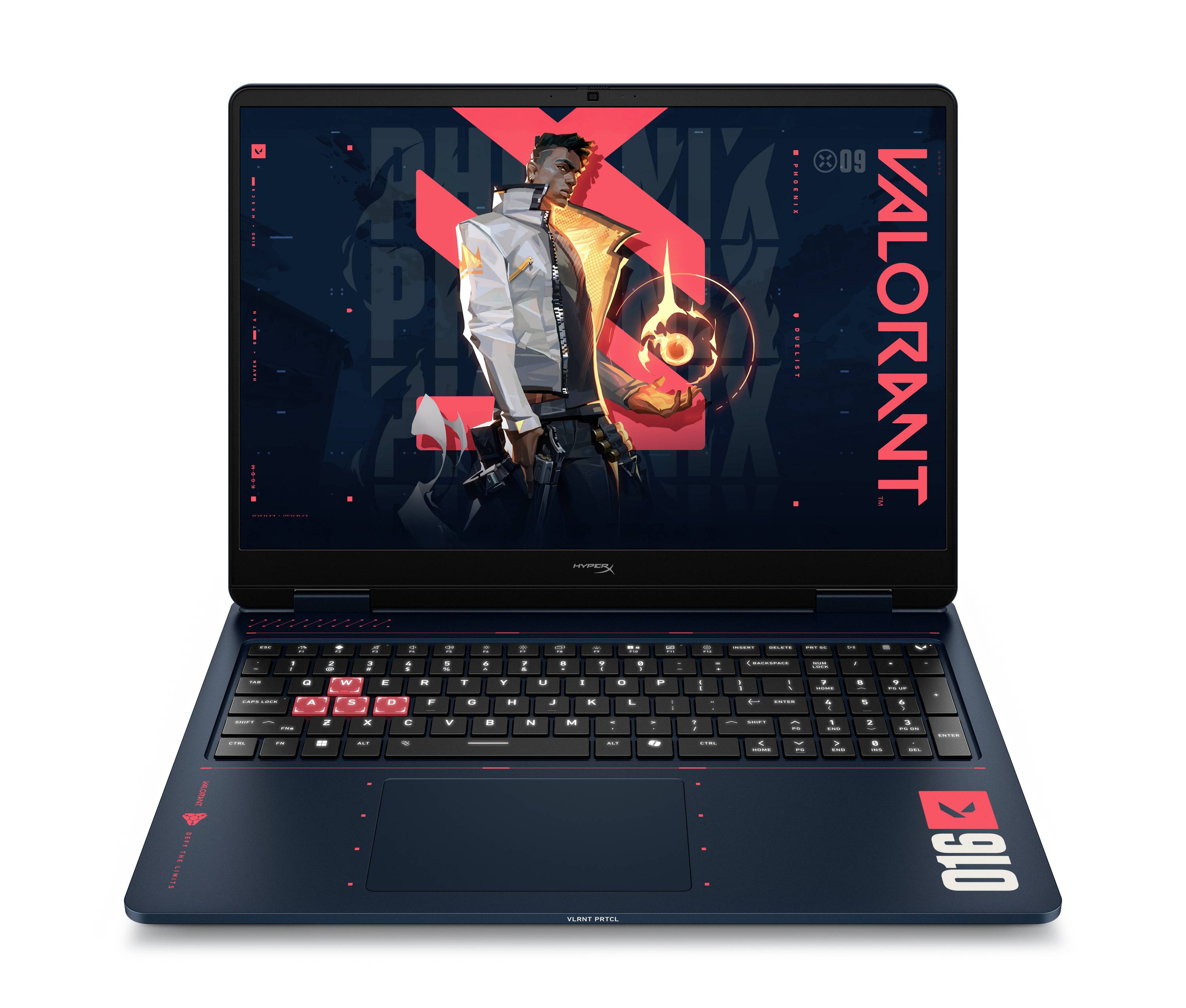 Ein aufgeklappter Gaming-Laptop wird angezeigt, auf dem ein Valorant-Design-Bildschirm mit einer Charaktergrafik und roten Akzenten zu sehen ist, wahrscheinlich um das Gaming-Design des Geräts zu bewerben.