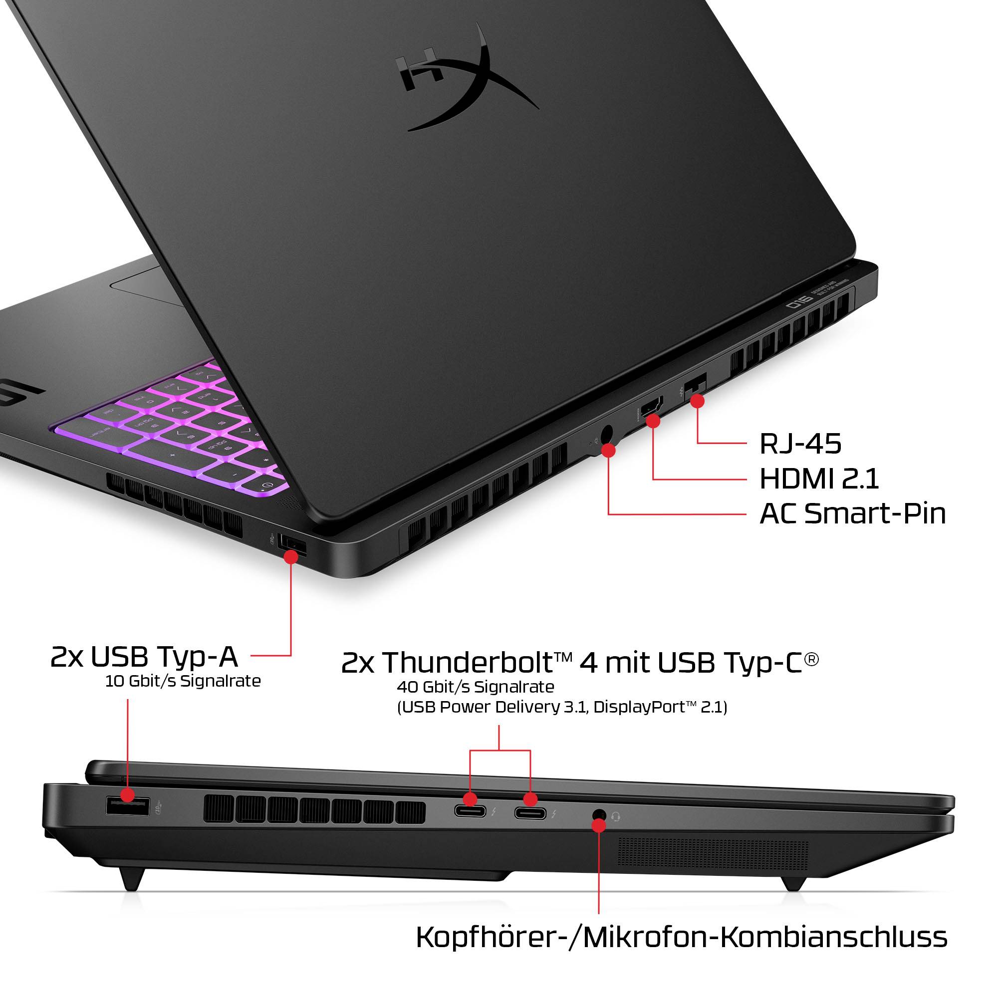 Annotierter Laptop mit Seitenports: 2x USB Typ-A, 2x Thunderbolt 4 mit USB Typ-C, RJ-45, HDMI 2.1, AC Smart-Pin und Kopfhörer-/Mikrofon-Kombibuchse.