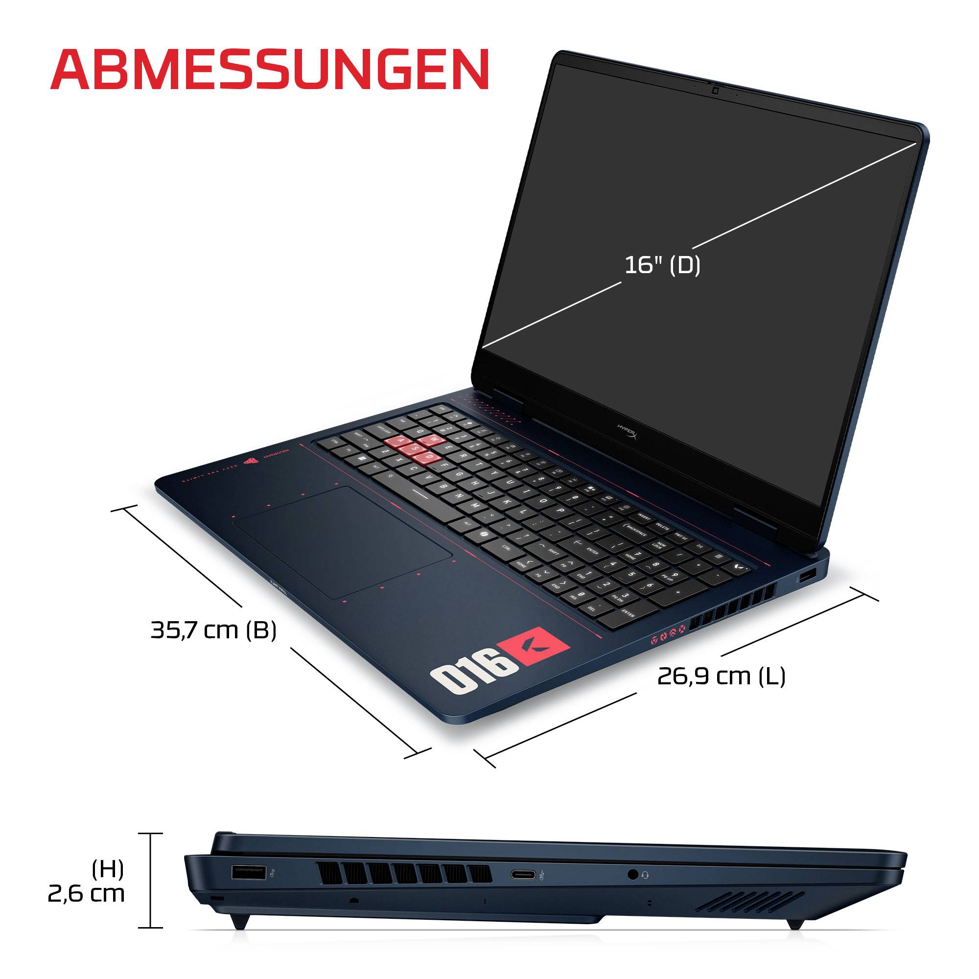 Laptop-Abmessungsdiagramm mit 16-Zoll-Display, 35,7 cm Breite, 26,9 cm Tiefe und 2,6 cm Höhe, gekennzeichnet mit „ABMESSUNGEN".