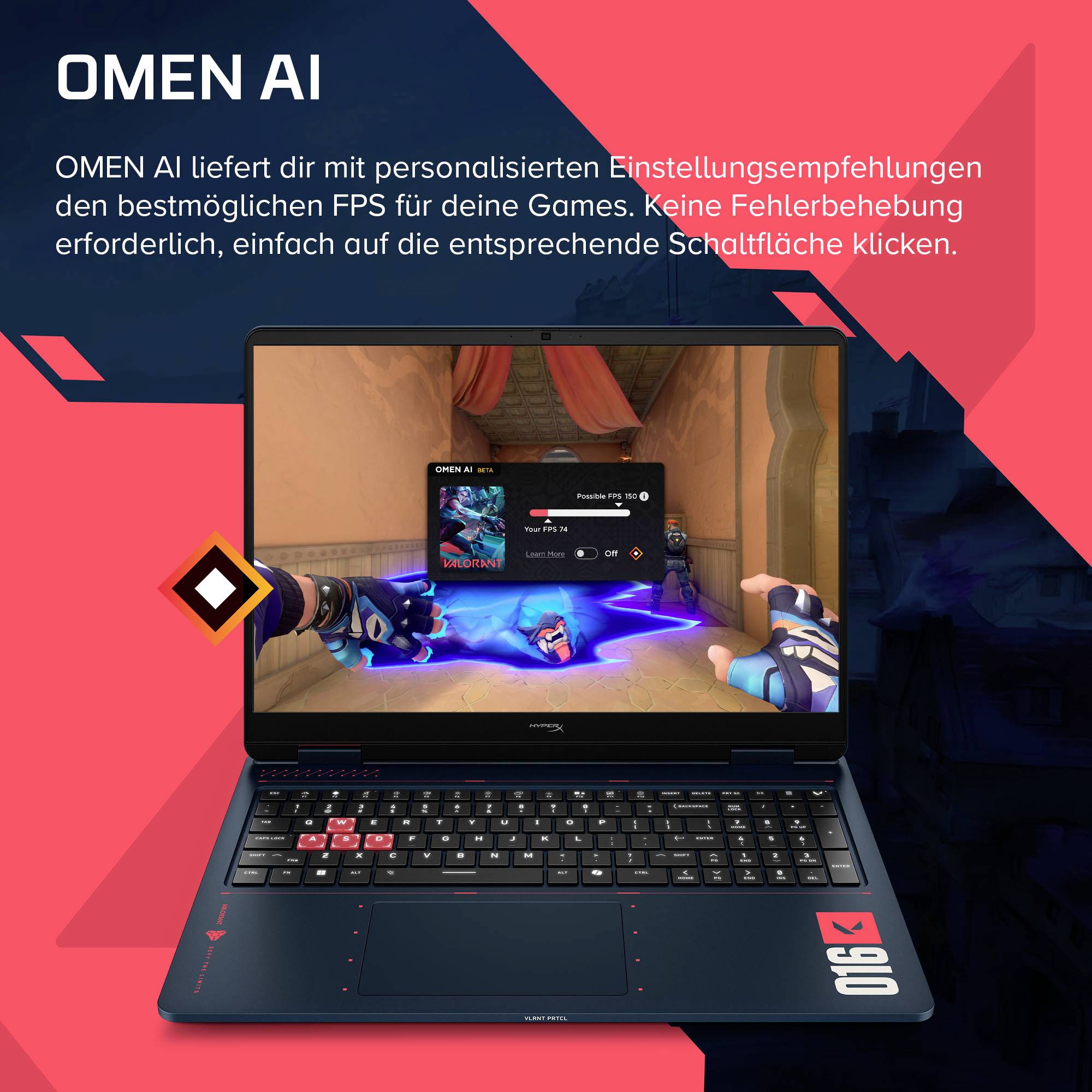 Personalisierte Einstellungen zur Maximierung der FPS ohne Datenssammlung, angezeigt auf einem Gaming-Laptop-Bildschirm mit OMEN AI Werbegrafik und deutschem Text.