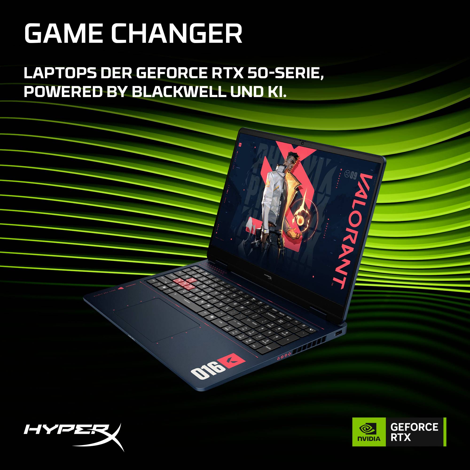 Promotionsbild eines Gaming-Laptops mit dem Text "GAME CHANGER" und "LAPTOPS DER GEFORCE RTX 50-SERIE, POWERED BY BLACKWELL UND KI.", sowie HyperX- und GeForce RTX-Logos.