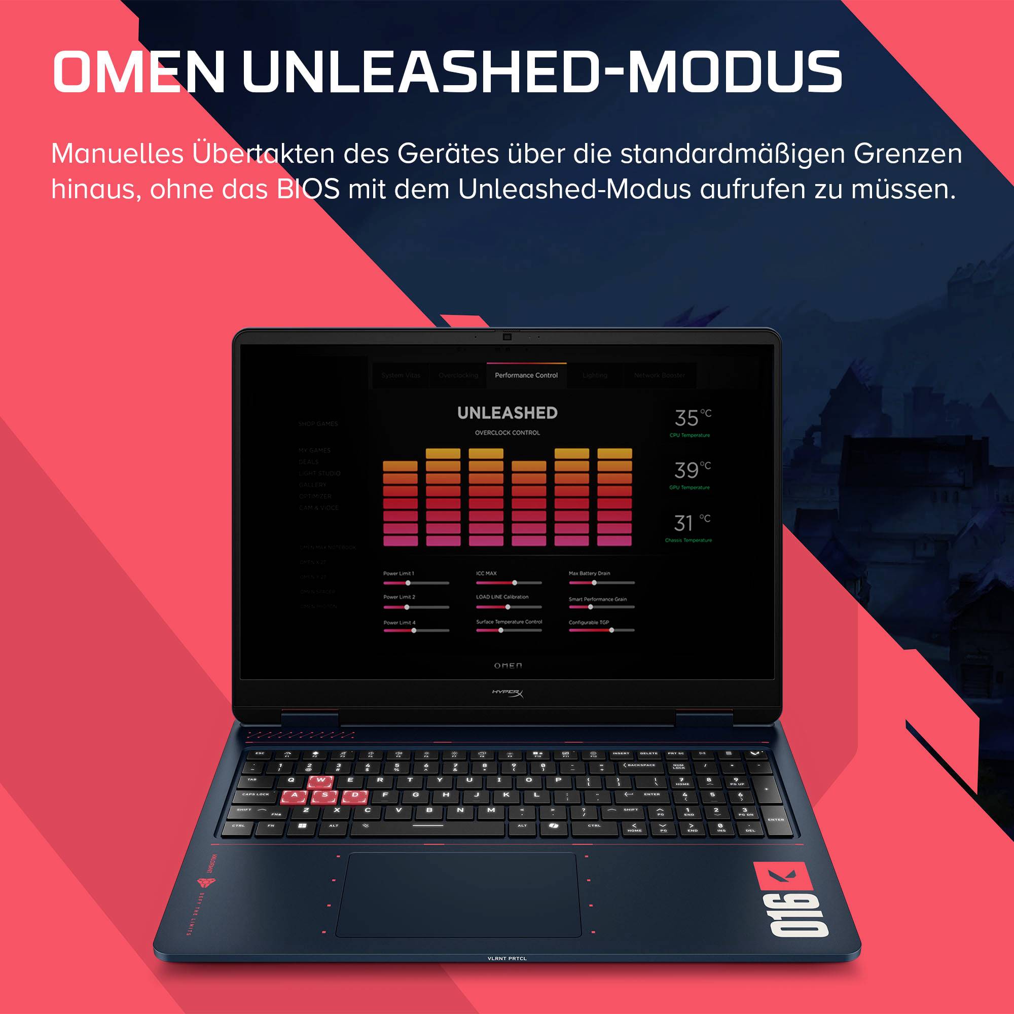 Gaming-Laptop mit dem Bildschirm des Leistungsmodus „UNLEASHED", der das manuelle Übertakten über die Standardgrenzen hinaus ohne Zugriff auf das BIOS fördert.