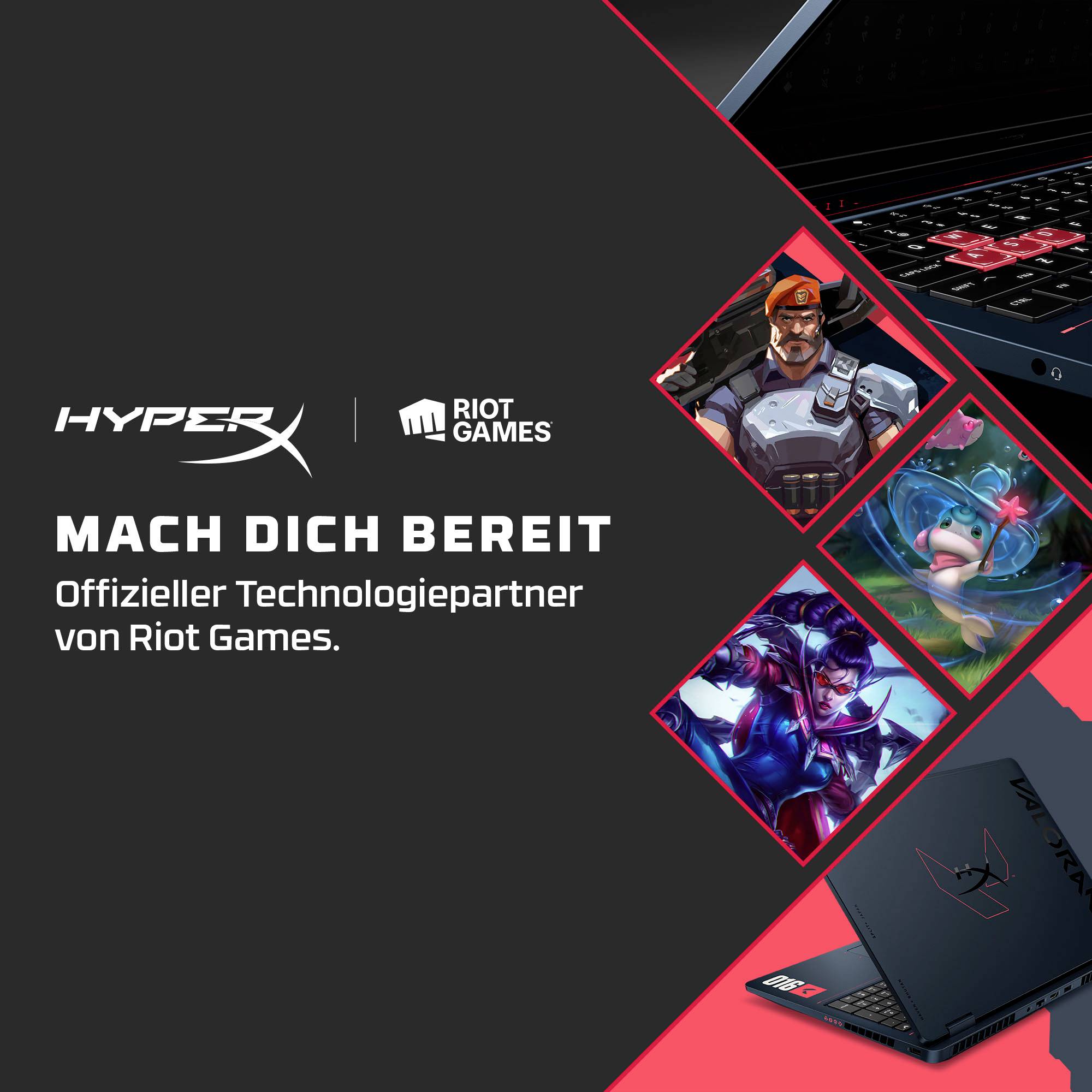 # HyperX und Riot Games Partnerschaftswerbung mit deutschem Text „Mach dich bereit", zeigt Gaming-Laptop und drei Riot-Spielfiguren.