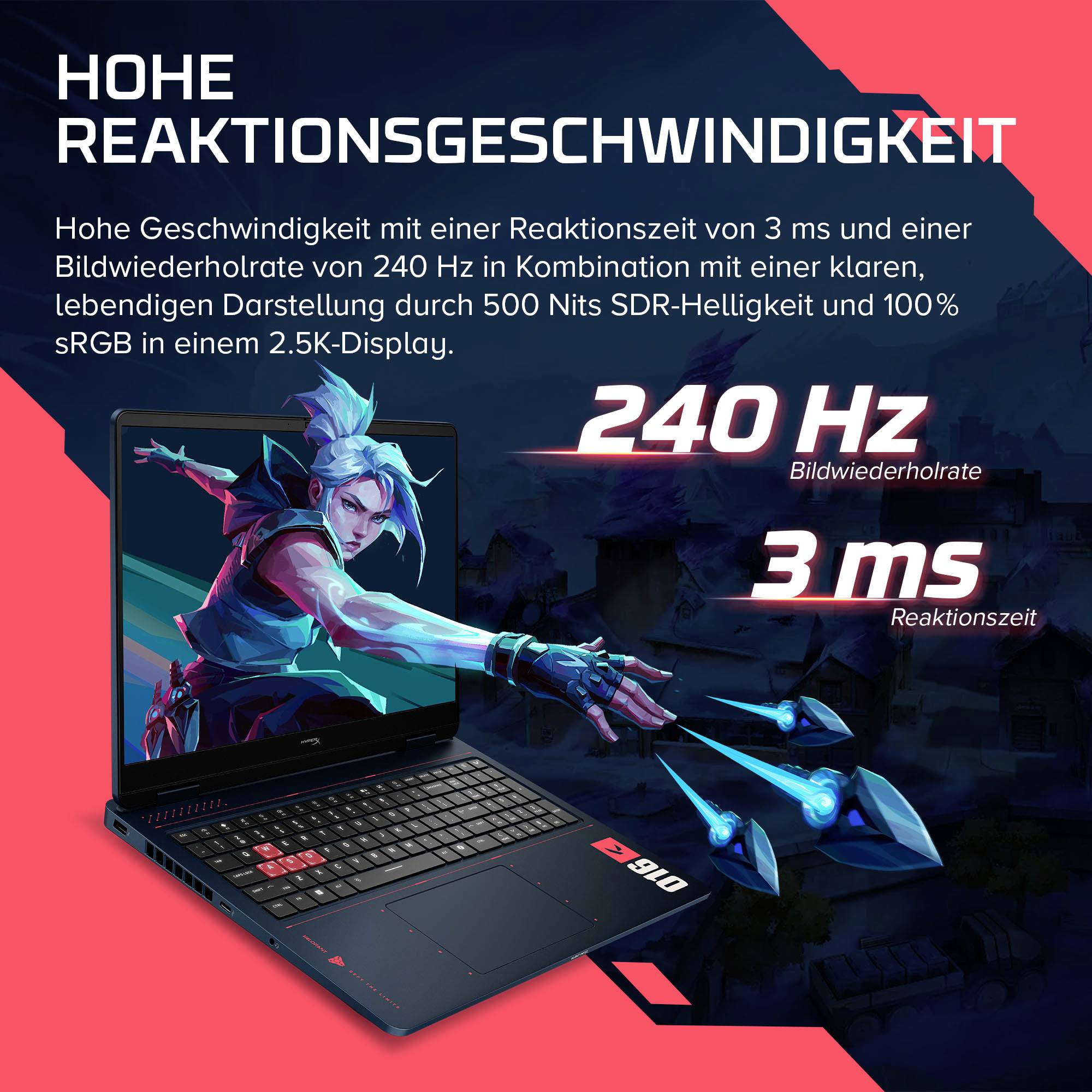 Gaming-Laptop-Promo mit 240-Hz-Bildwiederholfrequenz und 3-ms-Reaktionszeit mit 500 Nits SDR-Helligkeit und 100% sRGB auf einem 2,5K-Display.