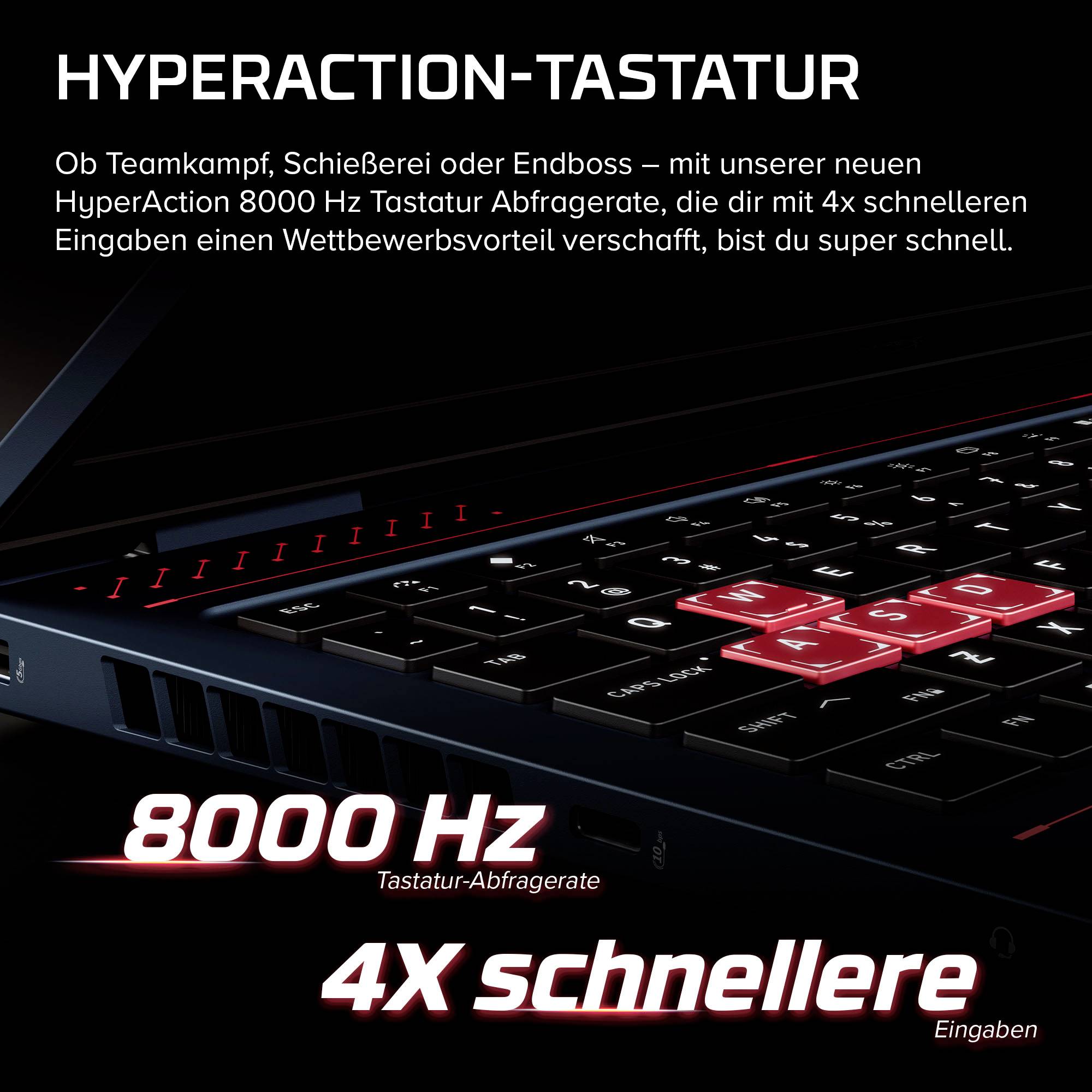 Werbegrafik einer HyperAction-Tastatur: schwarze Gaming-Tastatur mit roten Akzenten, Text hebt "8000 Hz" und "4x schnellere Eingaben" hervor.