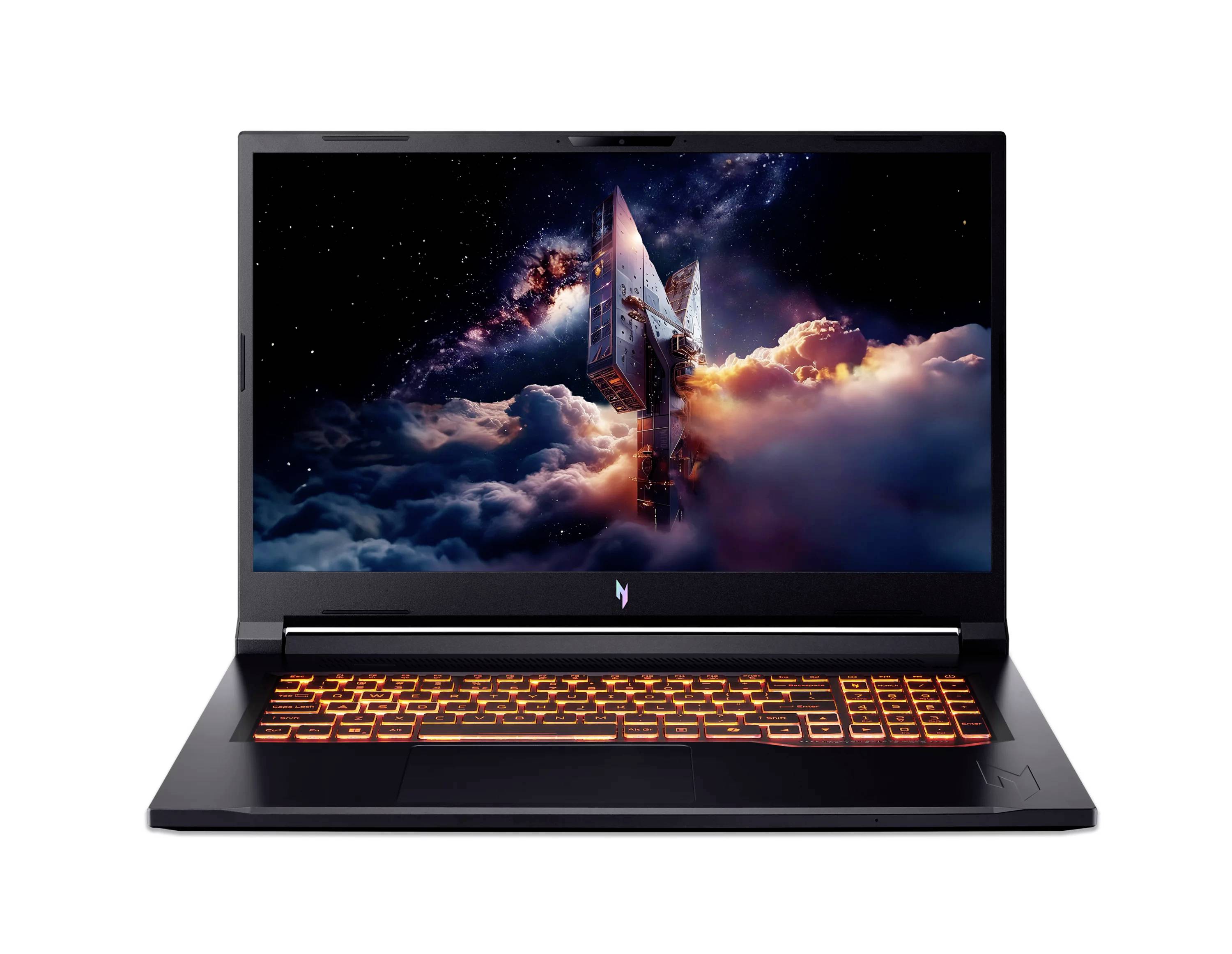 Ein Gaming-Laptop mit einer orange beleuchteten Tastatur zeigt eine Science-Fiction-Raketenstartsszene auf seinem Bildschirm.