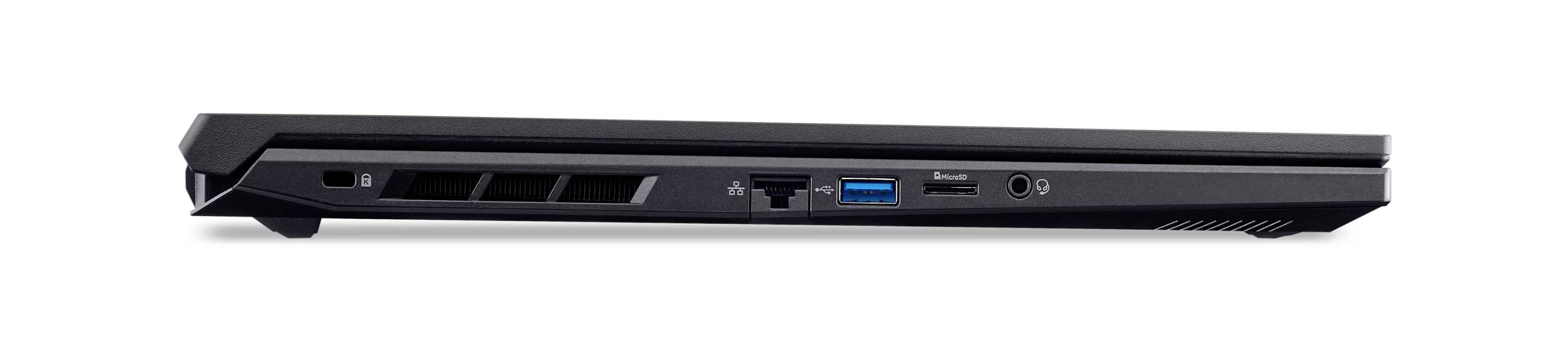 Seitenansicht eines schwarzen Laptops mit geschlossenem Profil, mit Belüftungsschlitzen und Anschlüssen an der Kante.
