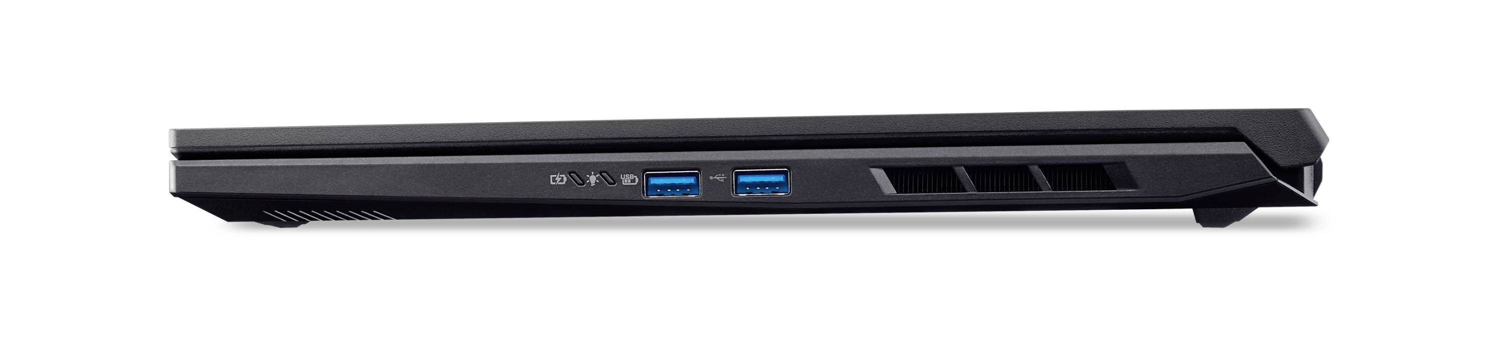 Schwarzes, schlankes, wandmontierbares Gerät mit zwei blauen USB-Anschlüssen und kleinen Kontrollelementen auf der Vorderseite, dargestellt in Profilansicht auf weißem Hintergrund.