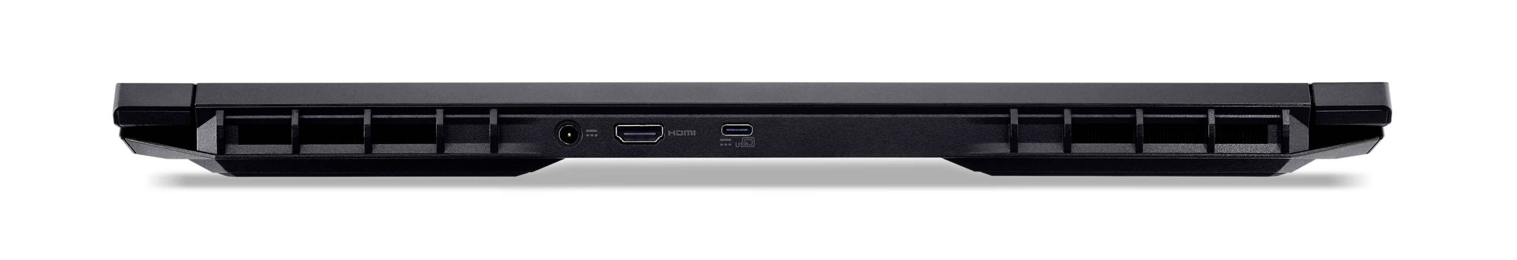 Seitenansicht eines schlanken schwarzen Laptops, die die hintere Kante mit Lüftungsöffnungen und Anschlüssen zeigt.