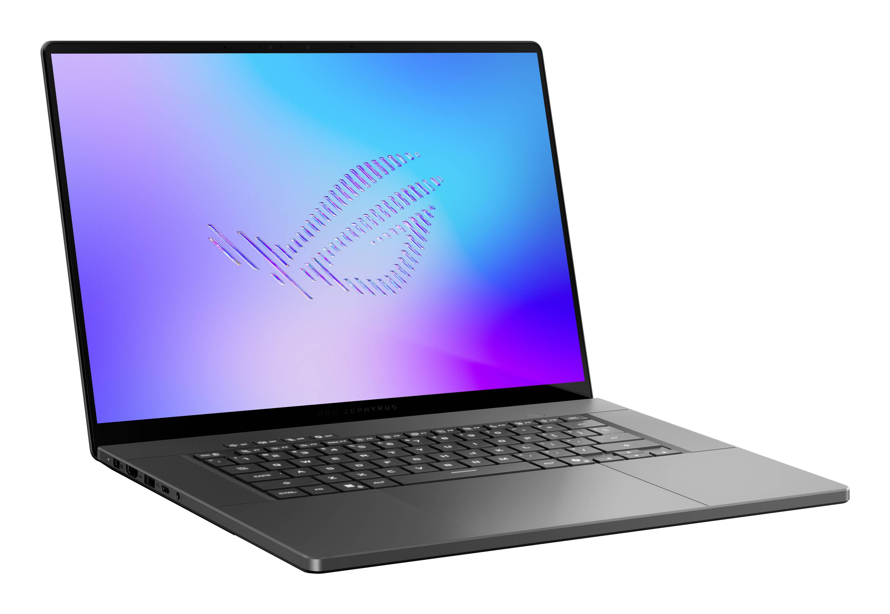 Laptop geöffnet mit dem ROG-Logo auf einem blau-violetten Farbverlauf auf dem Bildschirm.