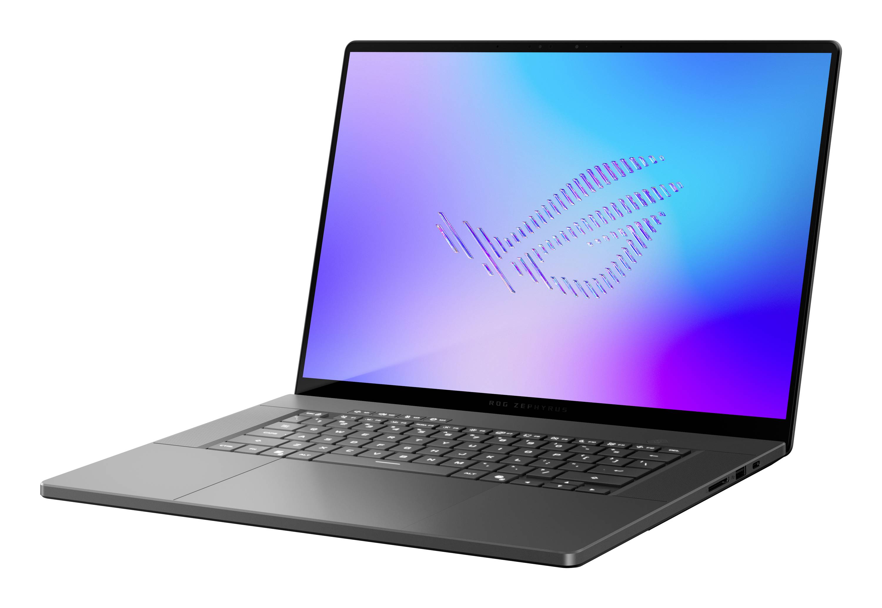 Silberner ASUS-Laptop in einem Winkel geöffnet, zeigt einen blau-violetten Bildschirm mit dem ASUS ROG-Logo.