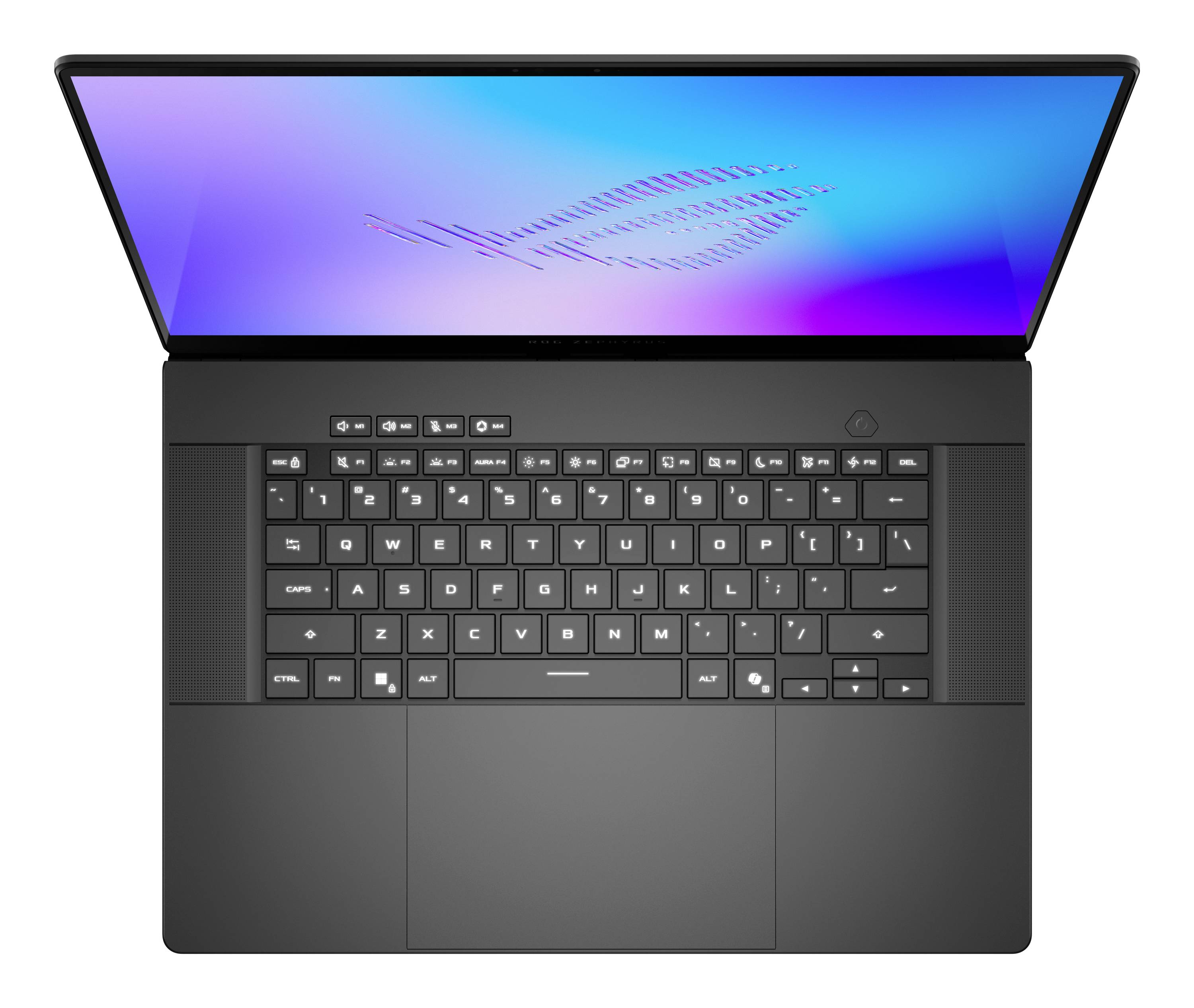 Offener Laptop-Computer mit großem Display, das eine abstrakte blau-violette Grafik zeigt, und vollständiger Tastatur/Trackpad darunter.