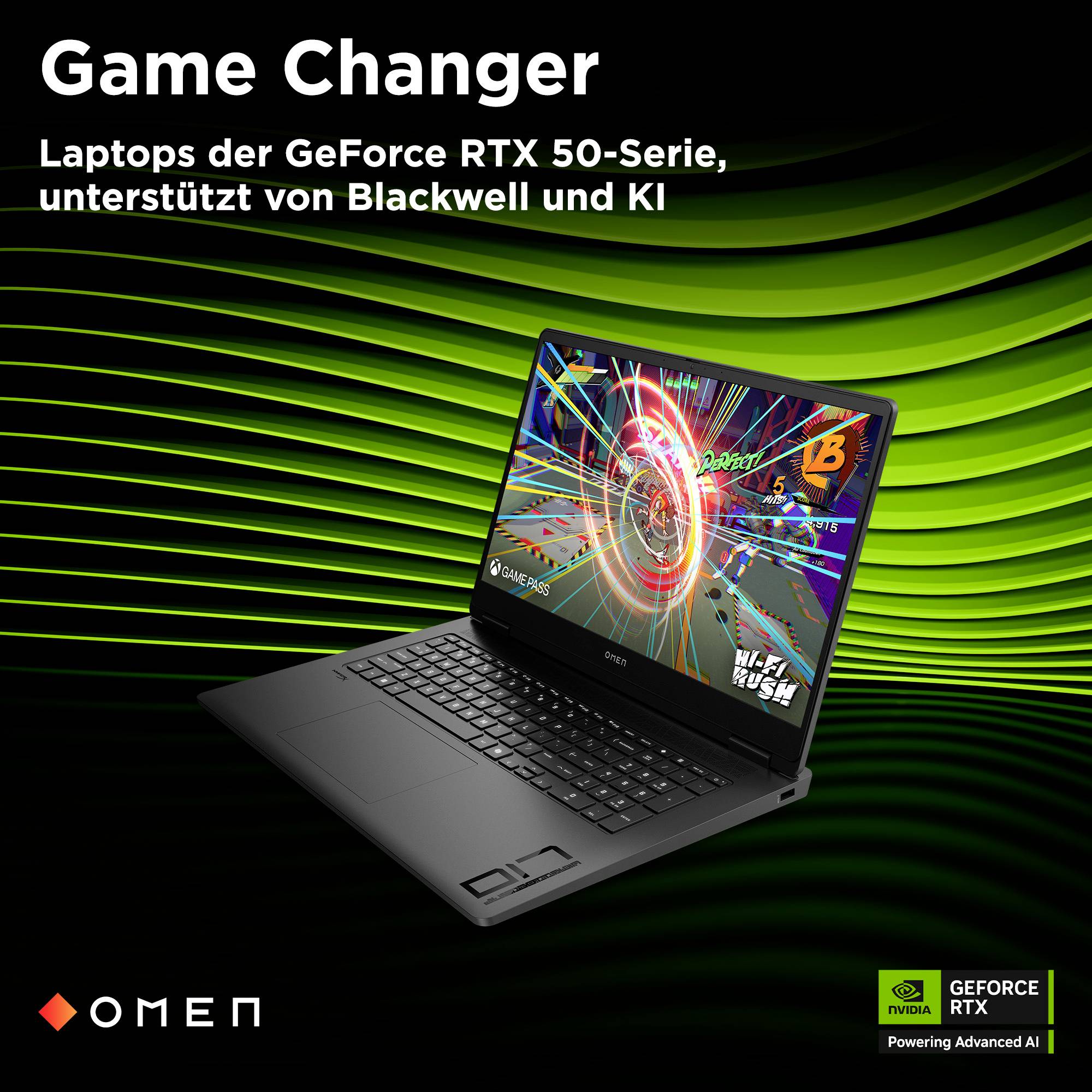 Werbebilder eines HP OMEN Gaming-Laptops mit dem Text „Game Changer", das GeForce RTX 50 Serie Laptops mit Blackwell und KI bewirbt.
