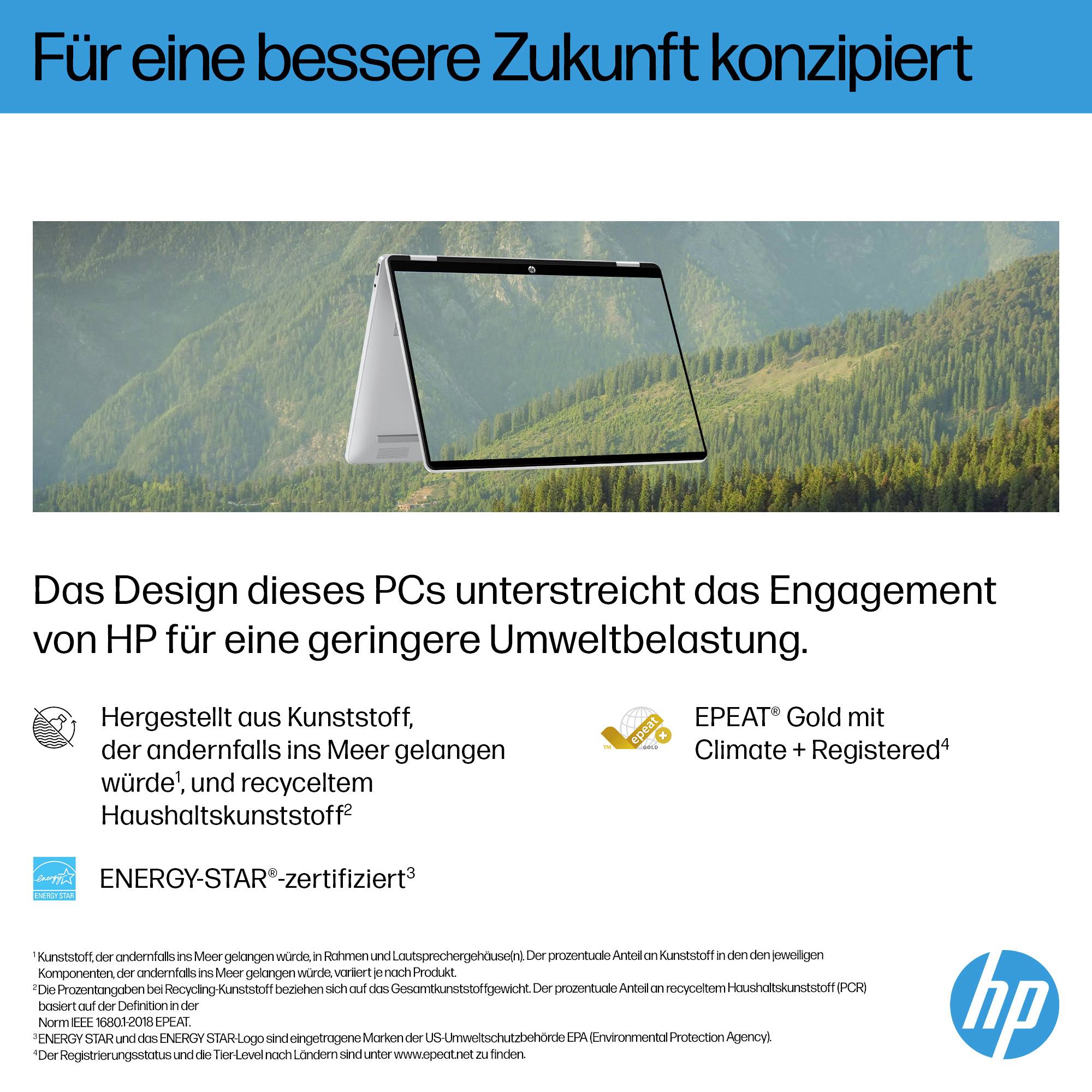 HP PC-Design fördert Nachhaltigkeit mit recycelten Kunststoffen, ENERGY STAR-Zertifizierung und EPEAT Gold Climate+ registrierten Etiketten.