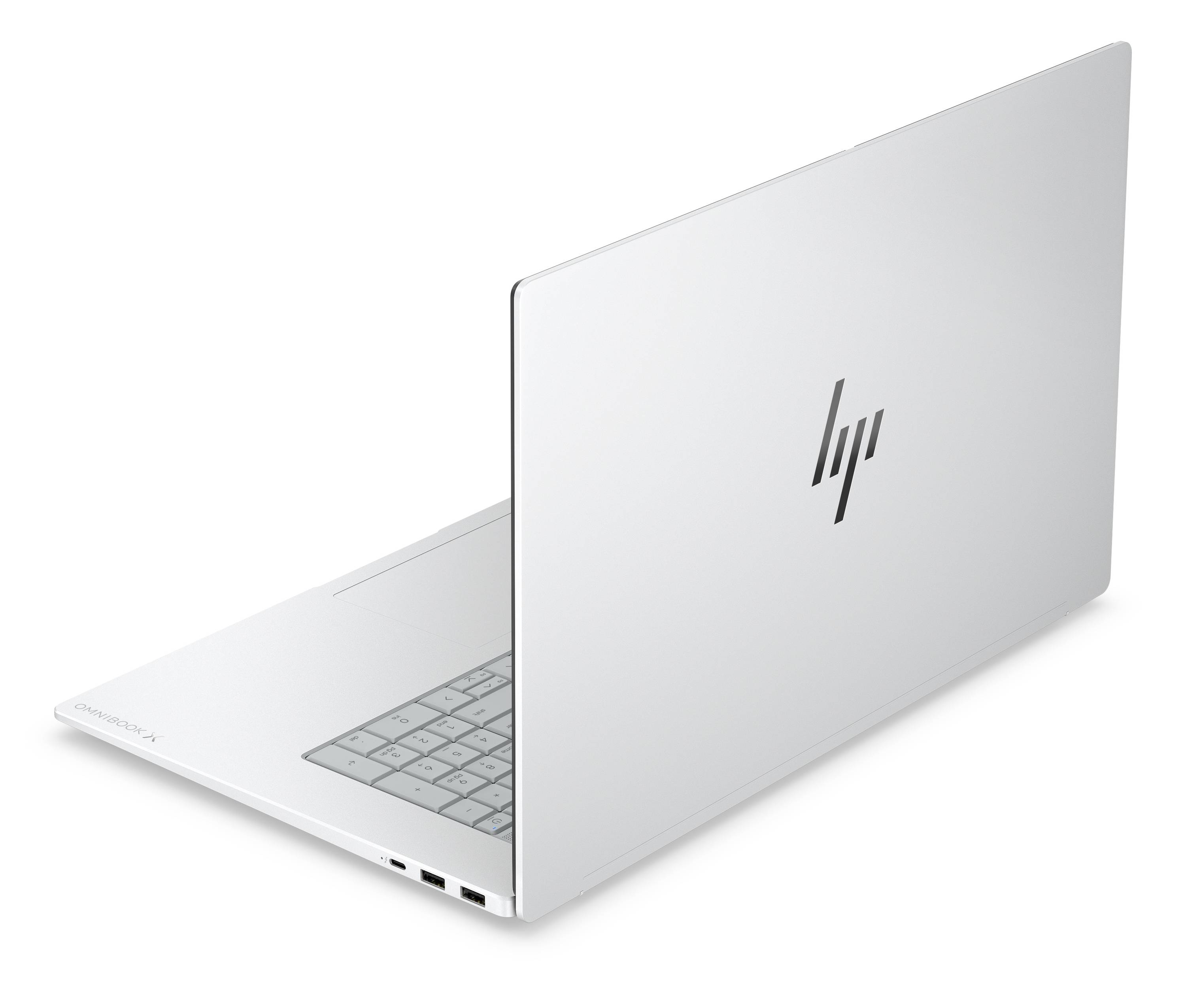 Silberner HP-Laptop, teilweise geöffnet in einer sauberen produktstilisierten Ansicht, mit dem HP-Logo auf dem Deckel sichtbar.