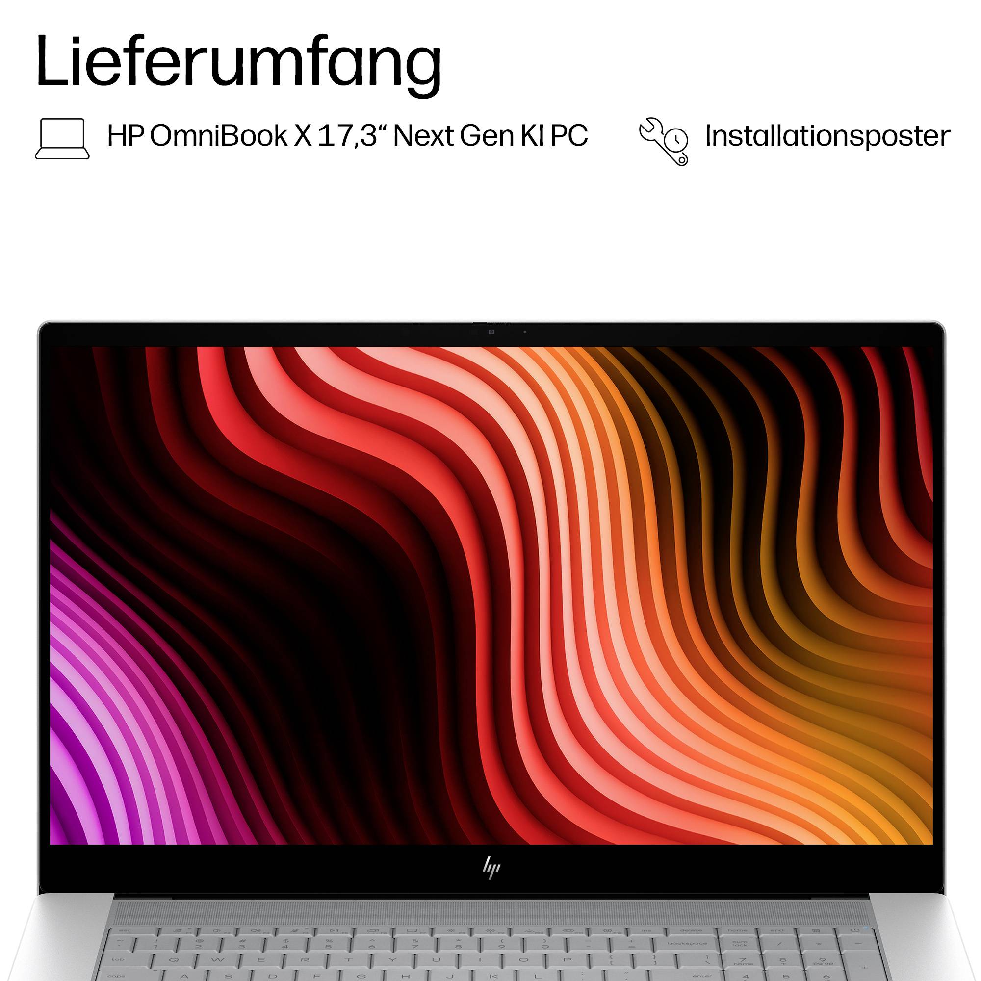 Produktpaketbild mit einem HP OmniBook X 17,3-Zoll-Laptop der nächsten Generation mit KI und einem Installationsplakat, wobei der Laptop geöffnet angezeigt wird.