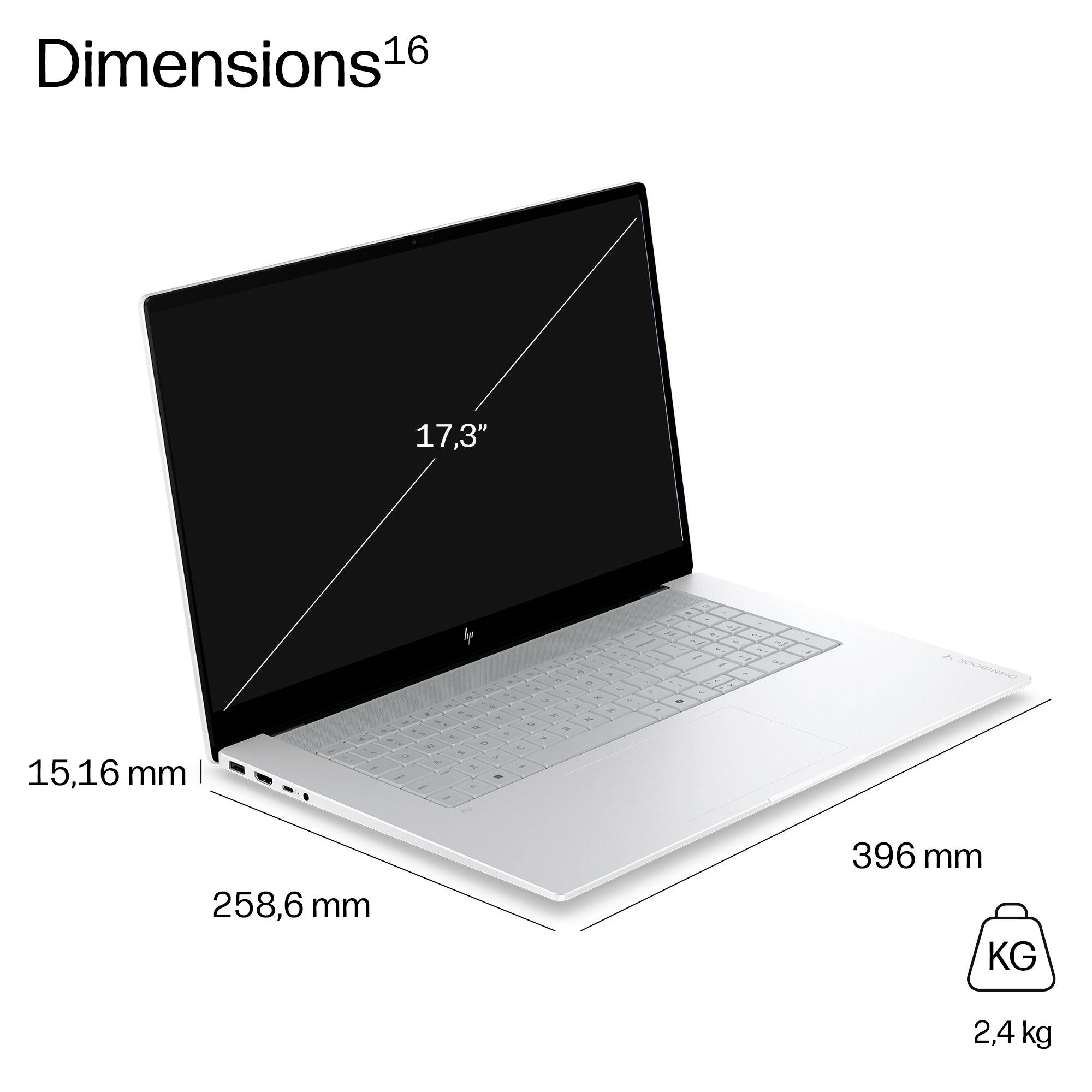 Dimensionsdiagramm eines Laptops mit einem 17,3-Zoll-Bildschirm, 396 mm Breite, 258,6 mm Tiefe, 15,16 mm Dicke und 2,4 kg Gewicht.