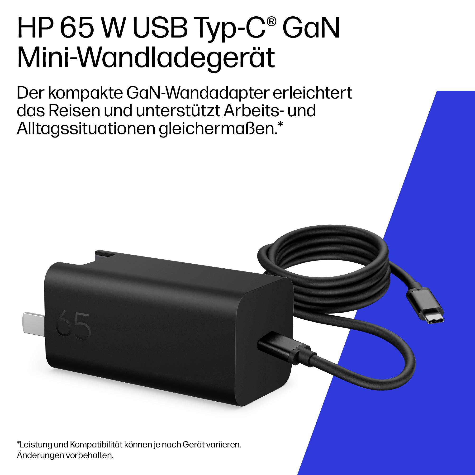 HP 65W USB-C GaN Mini-Wandladegerät mit angebautem USB-C-Kabel; deutsche Anzeige besagt, dass der kompakte Adapter ideal für Reisen, Arbeit und den alltäglichen Gebrauch ist.