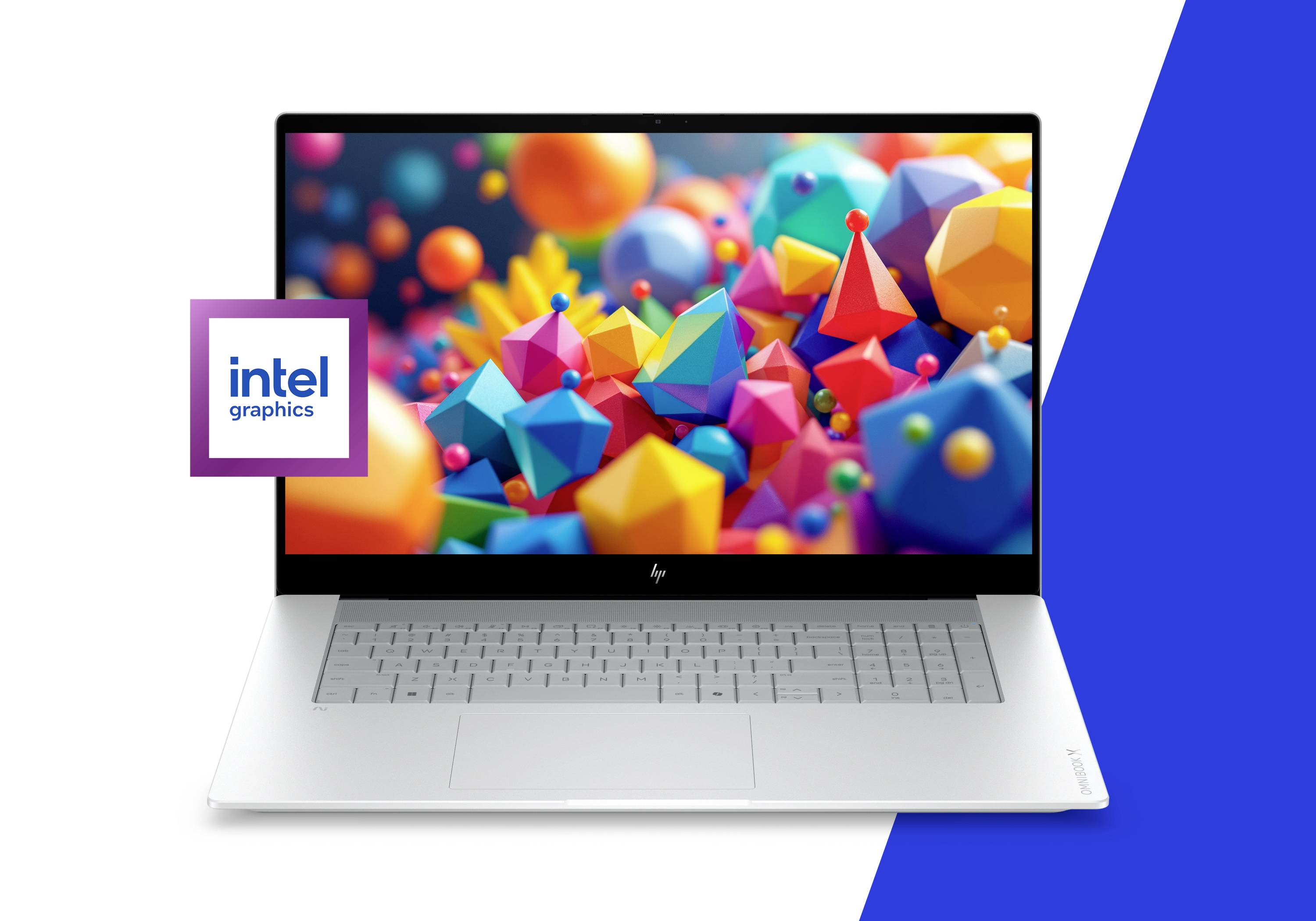 Laptop mit einer farbenfrohen 3D-Geometrieszene auf dem Display, mit einem "Intel Graphics"-Logobadge neben dem Bildschirm.