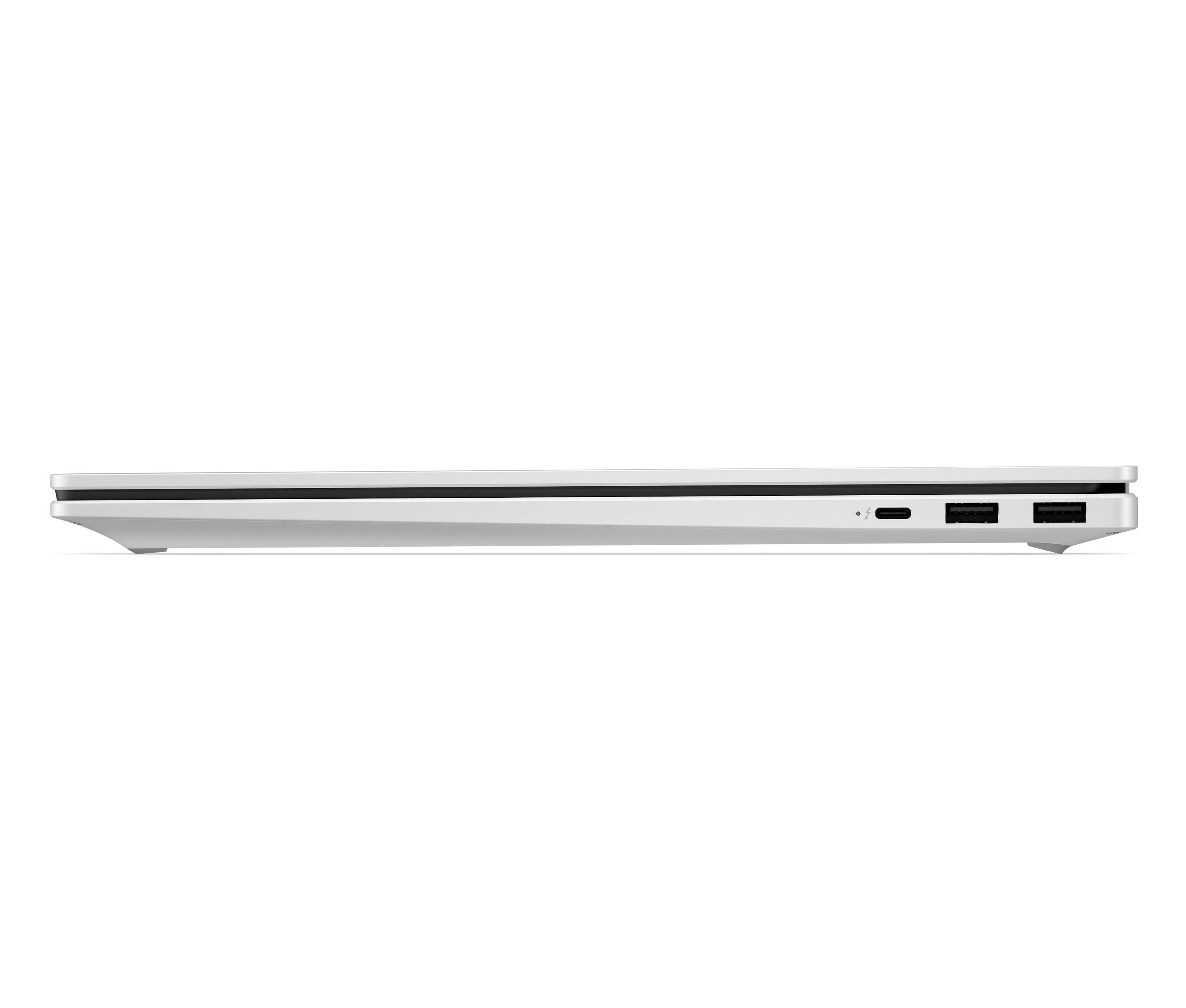 Seitenansicht einer silbernen Laptop- oder Tablet-Kante mit Anschlüssen, einschließlich USB- und Audioanschlüssen.
