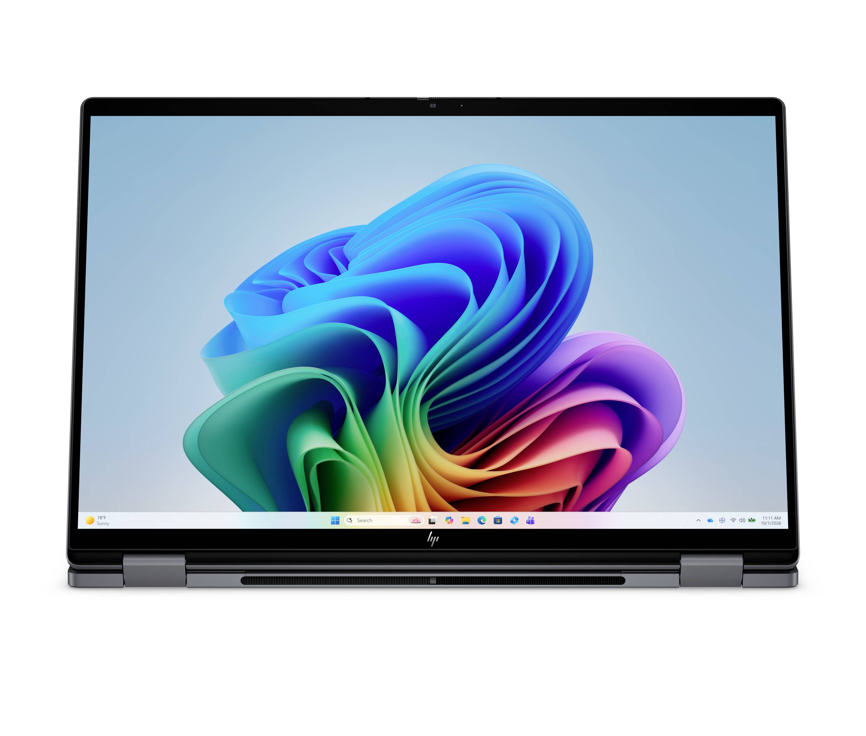 Laptop zeigt eine farbenfrohe abstrakte Windows-ähnliche Tapete auf einem hellen Desktop-Bildschirm.