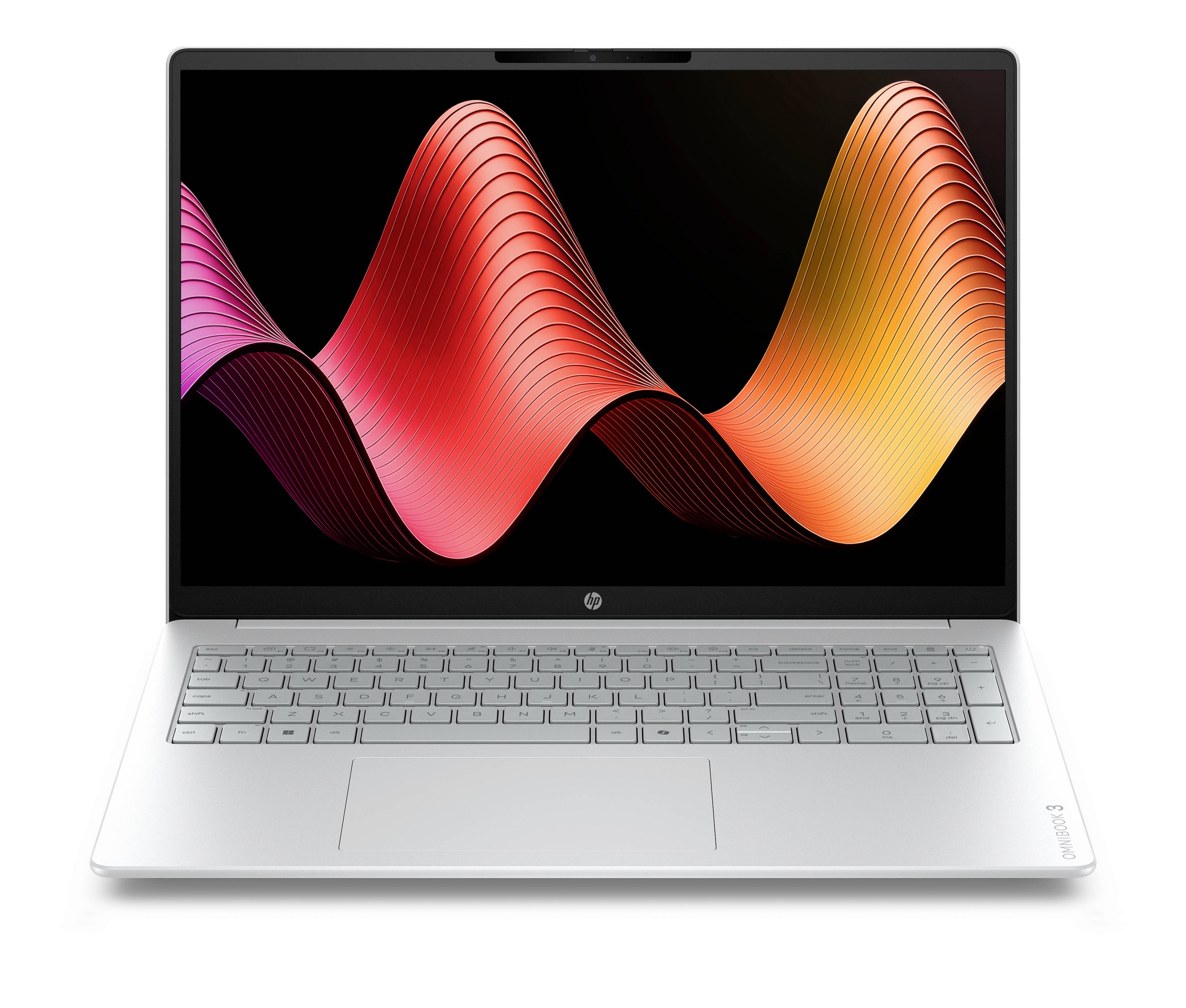 Silberner Laptop mit schwarzem Bildschirm, auf dem bunte abstrakte Wellengrafiken in Rosa, Rot und Orange angezeigt werden.