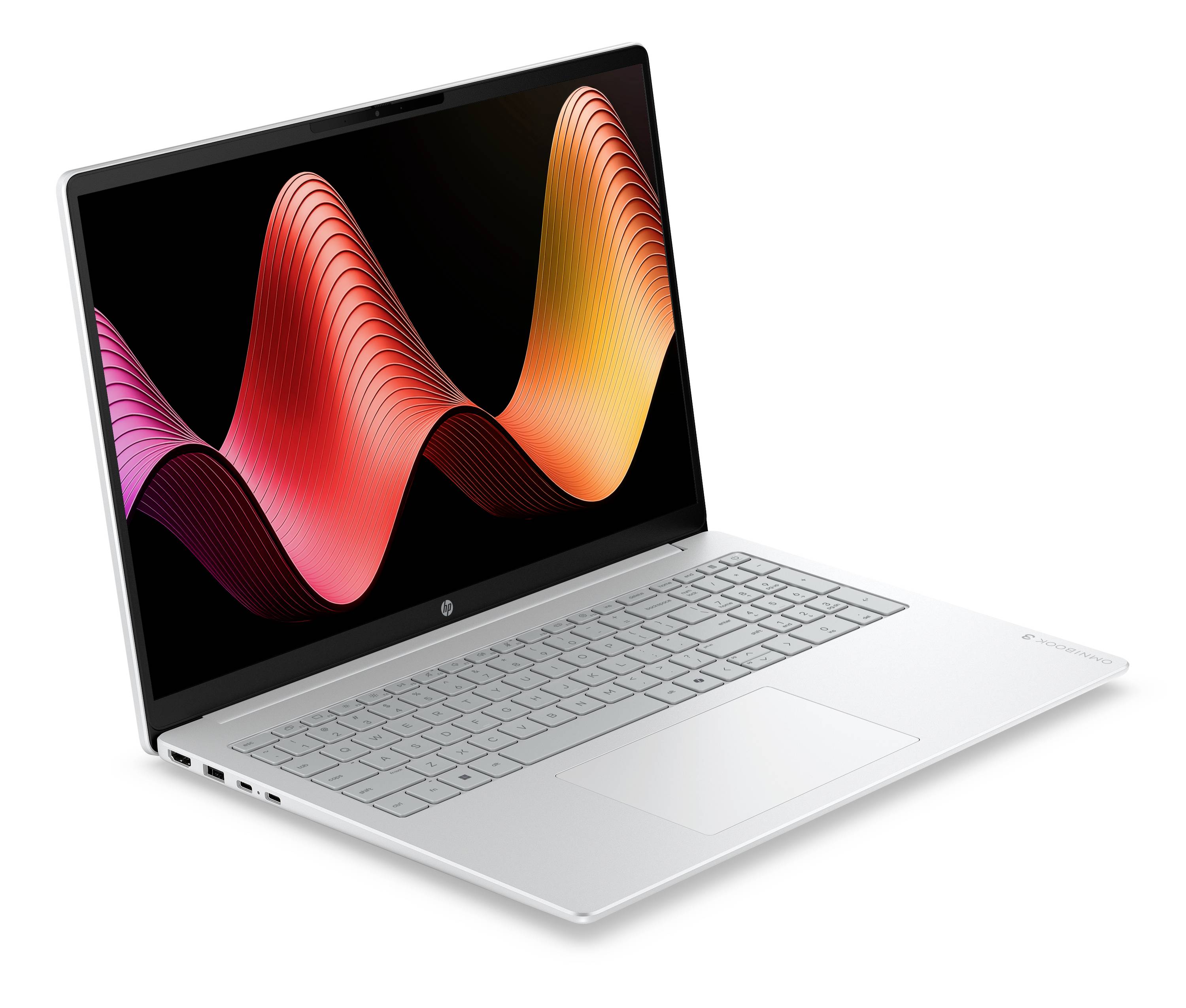 Silberner Laptop mit großem Display, auf dem abstrakte rot, orange und violette Wellengrafiken auf schwarzem Hintergrund angezeigt werden.