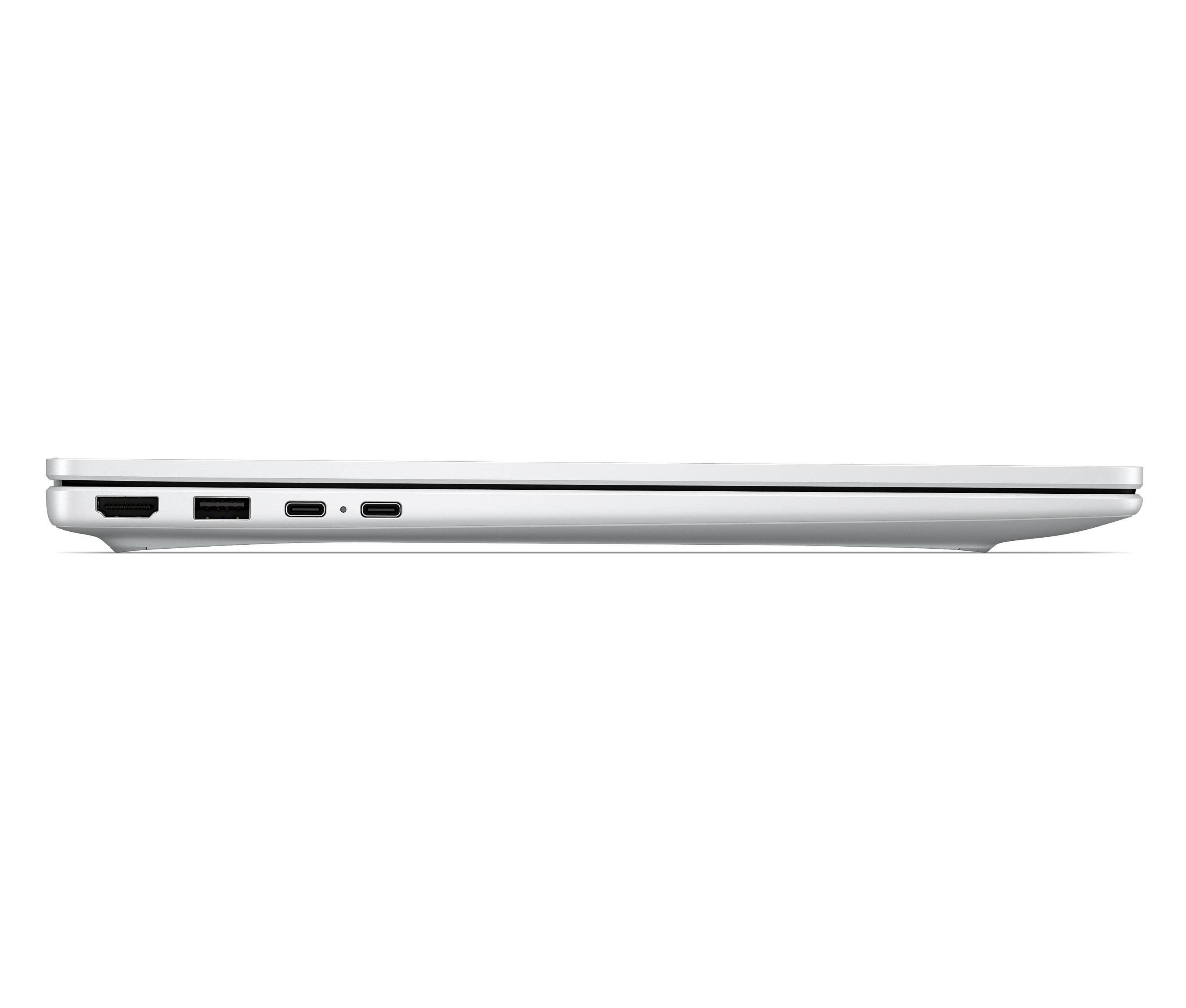 Seitenansicht eines schlanken silbernen Laptops, die seine linke Kante mit HDMI-, USB- und USB-C-Anschlüssen zeigt.