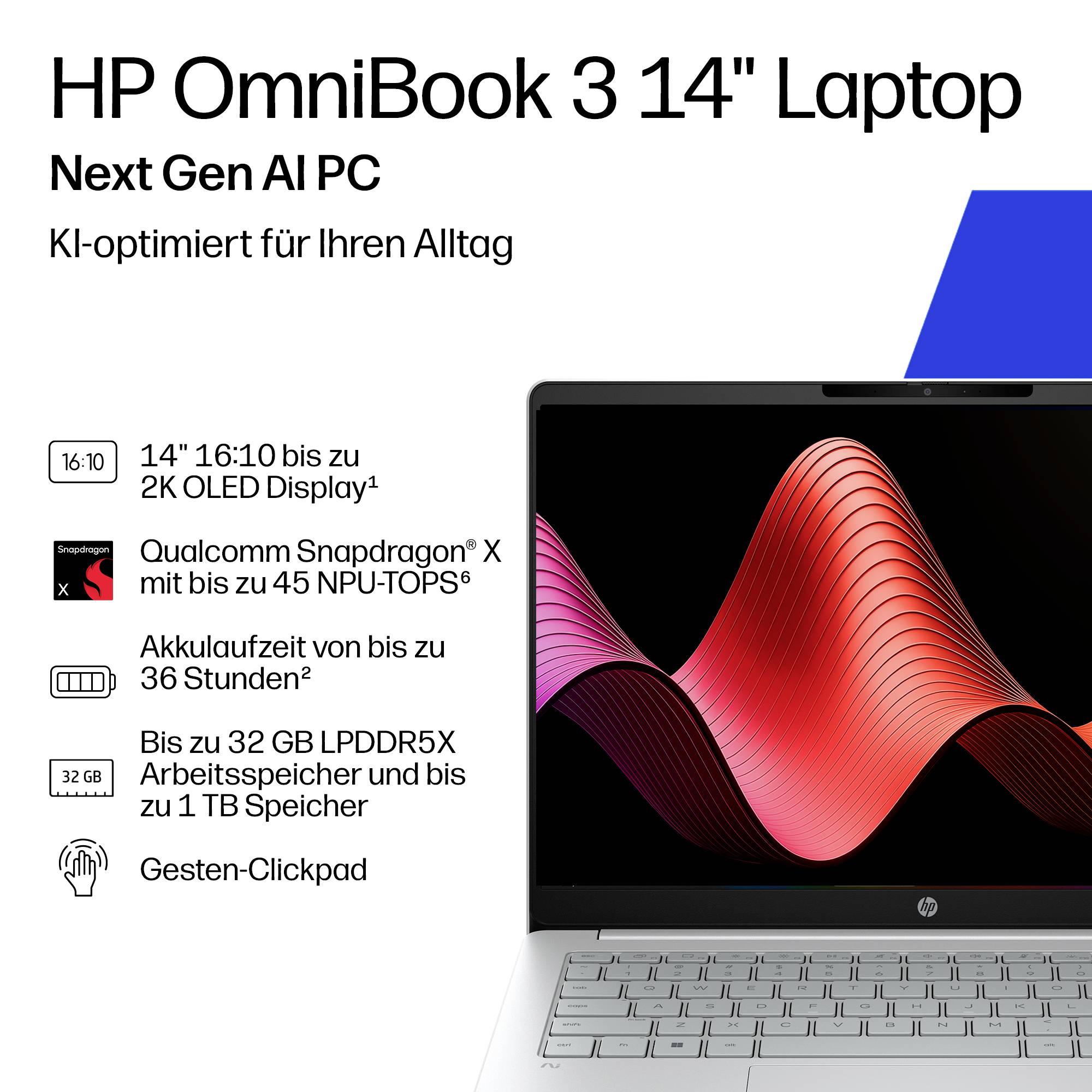 HP OmniBook 3 14" Laptop-Anzeige mit einem Next-Gen-AI-PC mit 14-Zoll-16:10-Display mit bis zu 2K-OLED, Snapdragon X, bis zu 36 Stunden Akkulaufzeit, 32 GB RAM, 1 TB Speicher und Gesten-Clickpad.