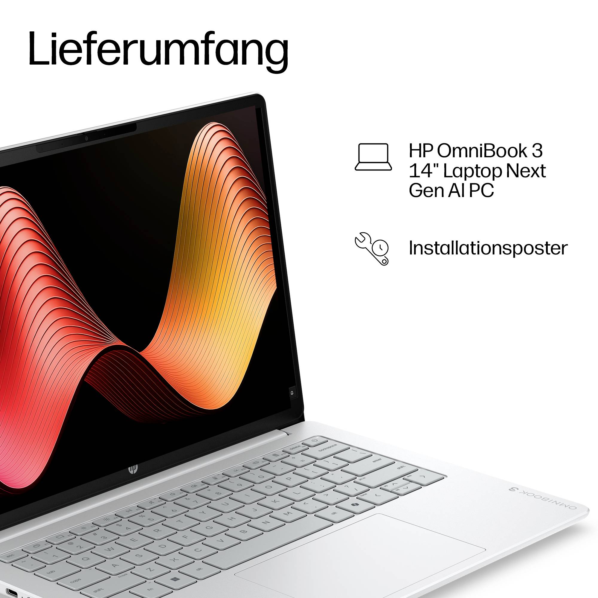 HP OmniBook 3 14-Zoll-Laptop mit „Lieferumfang"-Text, das den Laptop und das Installationsplakat auflistet.