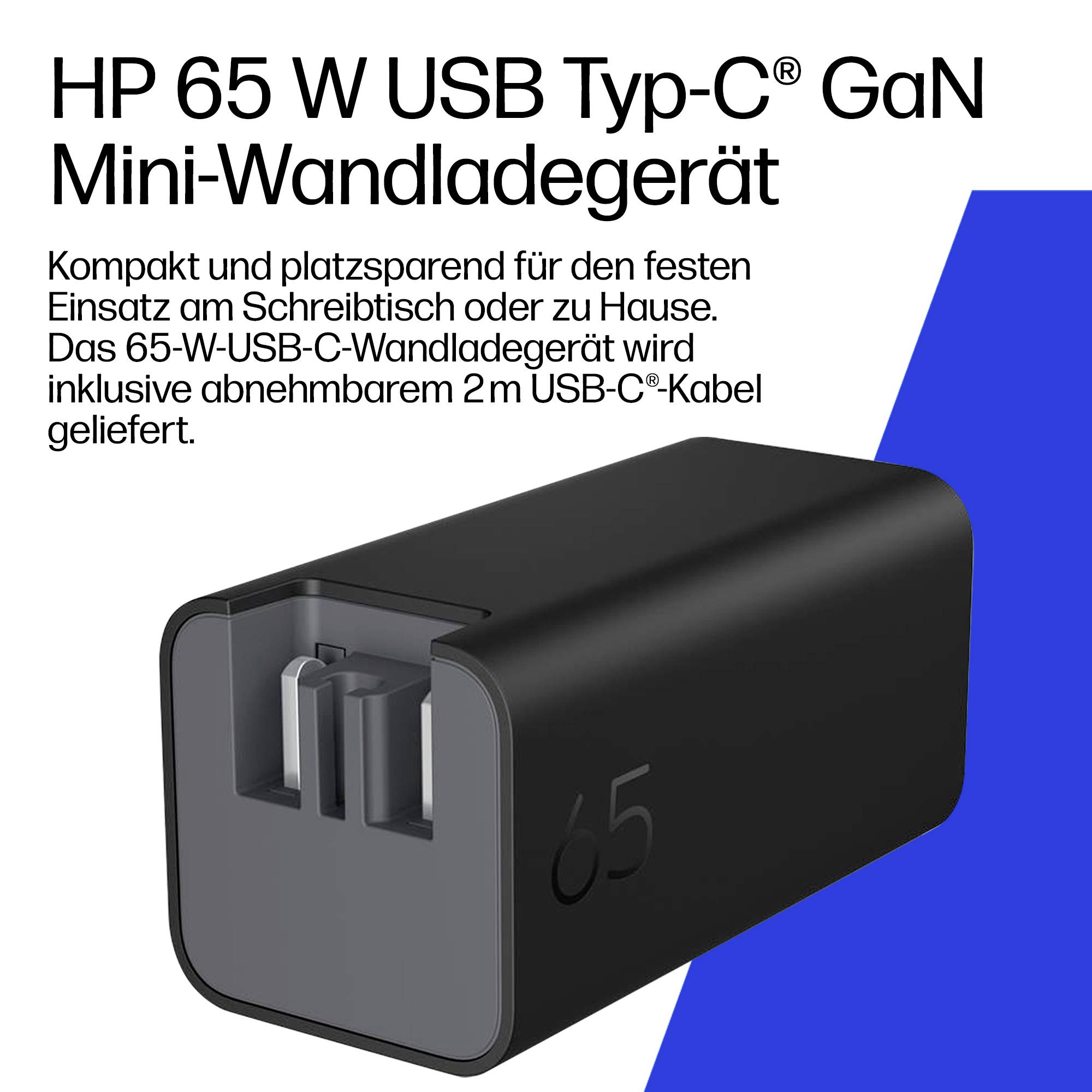 HP 65 W USB Type-C GaN Mini-Netzteil mit deutschem Text, das das kompakte Design für den Schreibtisch oder die Nutzung zu Hause hervorhebt, sowie das mitgelieferte abnehmbare 2 m USB-C-Kabel.