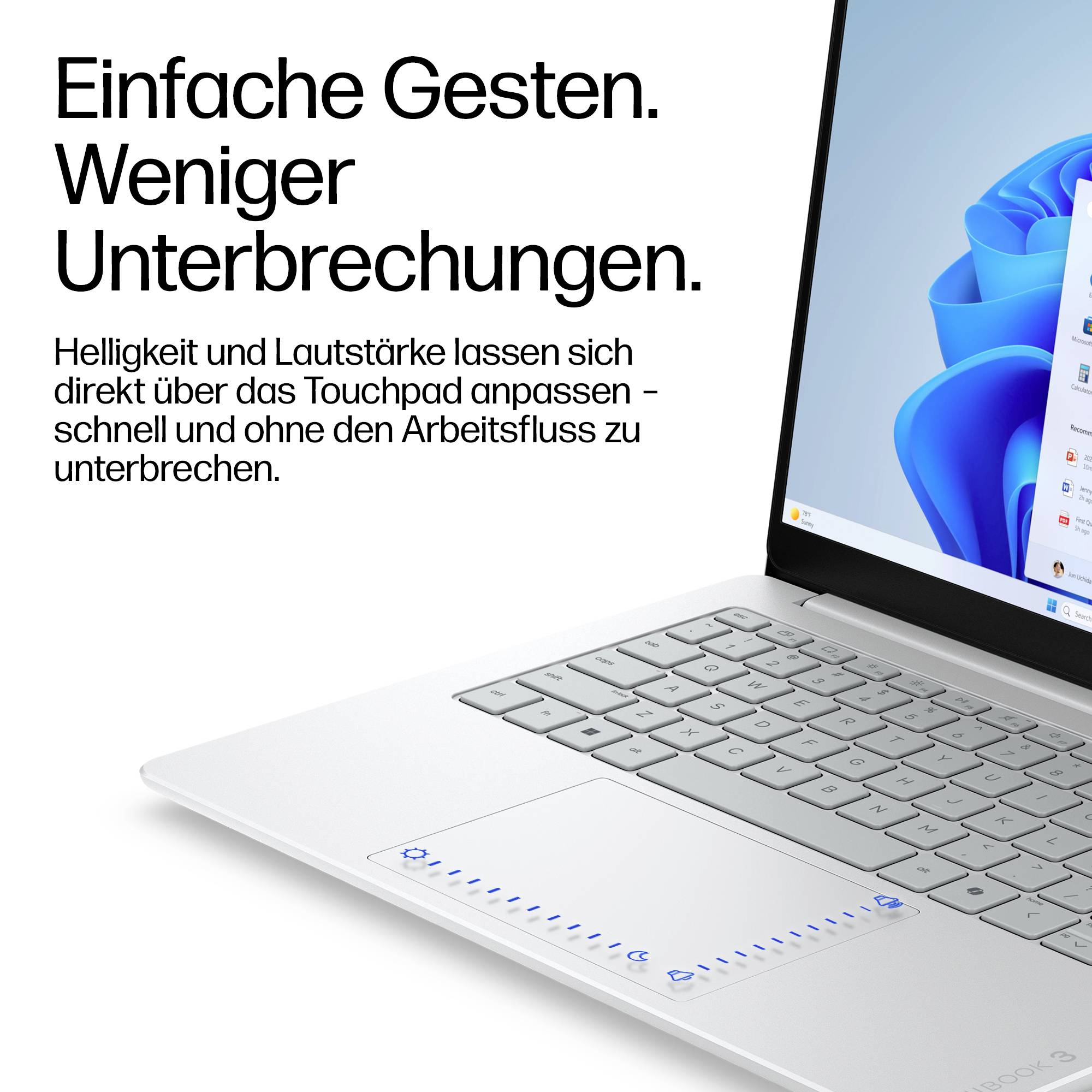 Laptop-Werbung, die das Touchpad zeigt, das zur Anpassung von Helligkeit und Lautstärke verwendet wird, mit deutschem Text: 'Einfache Gesten. Weniger Unterbrechungen.'