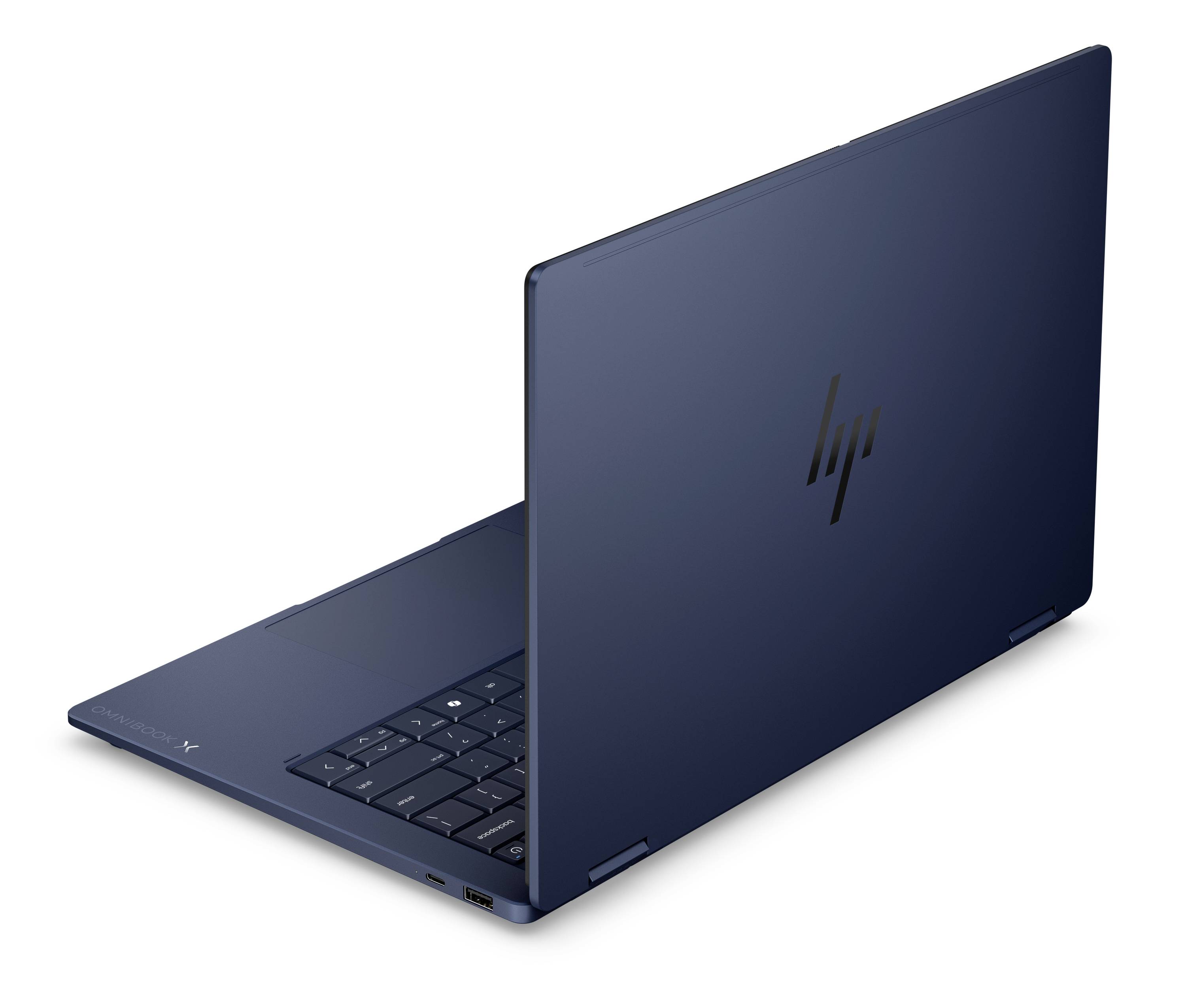 Geschlossener dunkelblauer HP-Laptop in Schrägansicht, mit teilweise sichtbarer Tastatur und HP-Logo in der Mitte des Deckels.