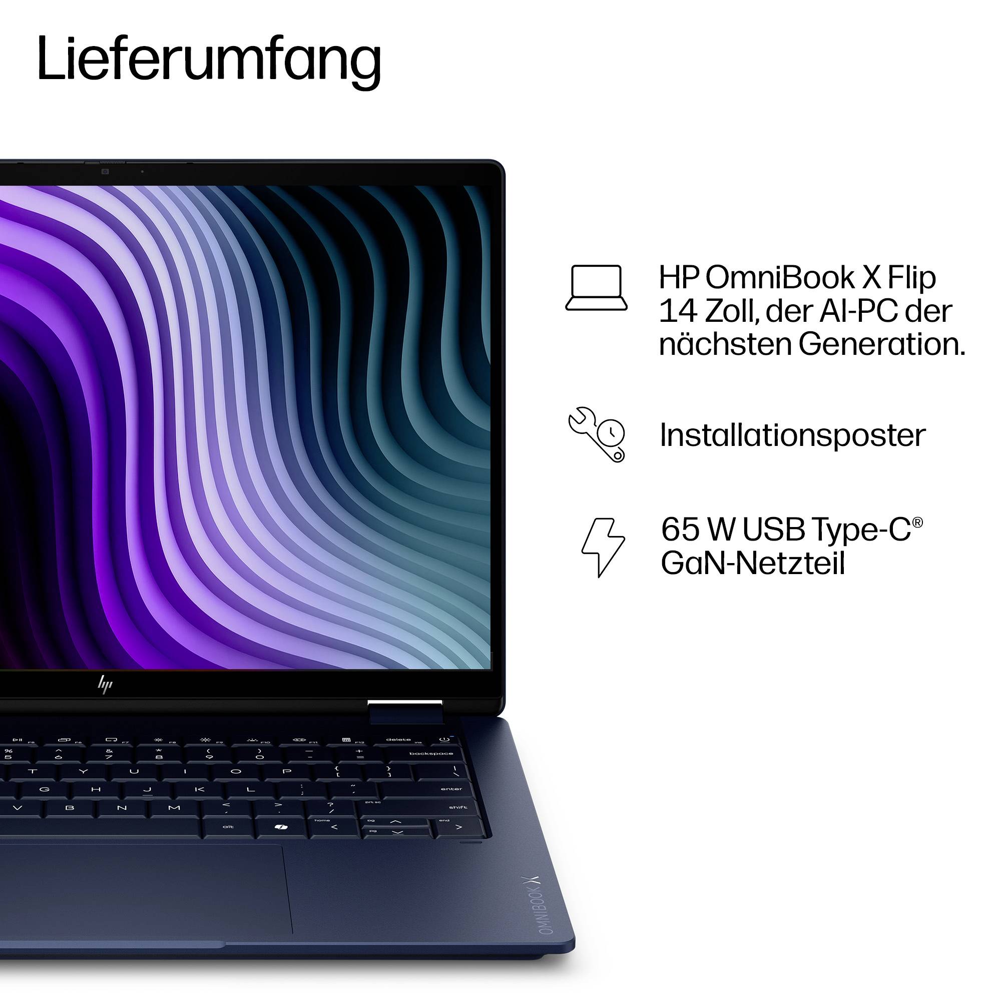 HP OmniBook X Flip 14-Zoll-Laptop mit mitgelieferten Artikeln: Installationsplakat und 65-W-USB-Type-C-GaN-Stromadapter.
