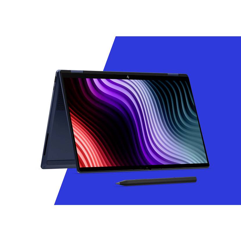 Ein 2-in-1-Laptop im Zeltmodus mit einem Stift, der ein farbenfrohe abstrakte Wellendarstellung auf blauem geometrischem Hintergrund zeigt.