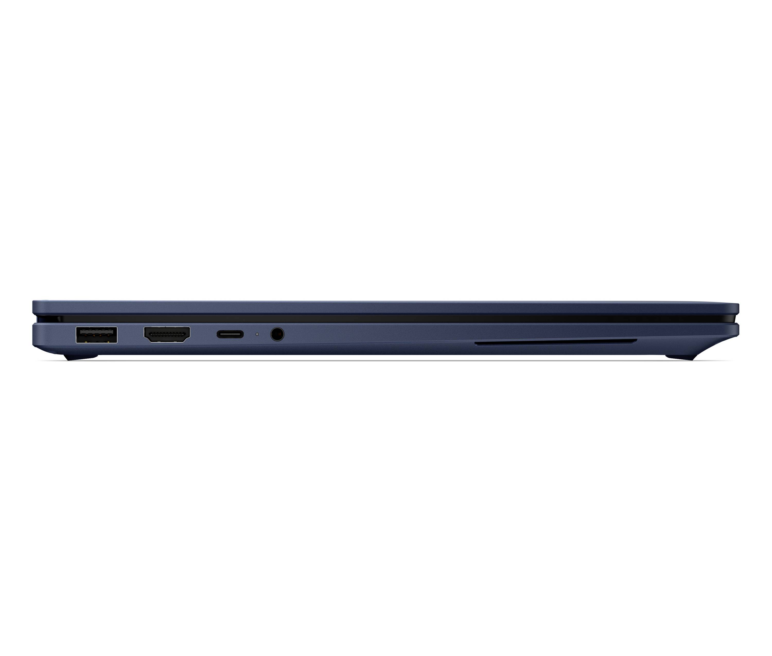 Seitenansicht eines dünnen blauen Laptops, die USB-, HDMI- und Audioanschlüsse auf der linken Seite und einen Lüftungsschlitz auf der rechten Seite zeigt.
