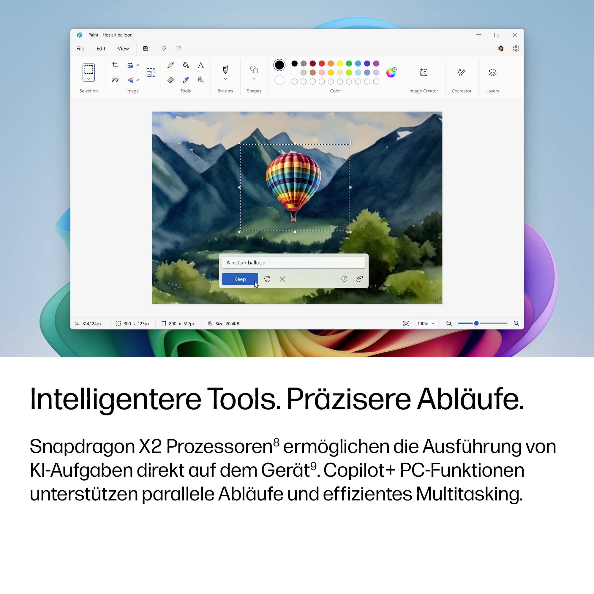 Windows 11 Paint-Fenster bearbeitet ein Foto eines Heißluftballons, mit einem ausgewählten Ballon und einem kleinen Textfeld mit der Beschriftung "Ein Heißluftballon" darunter.