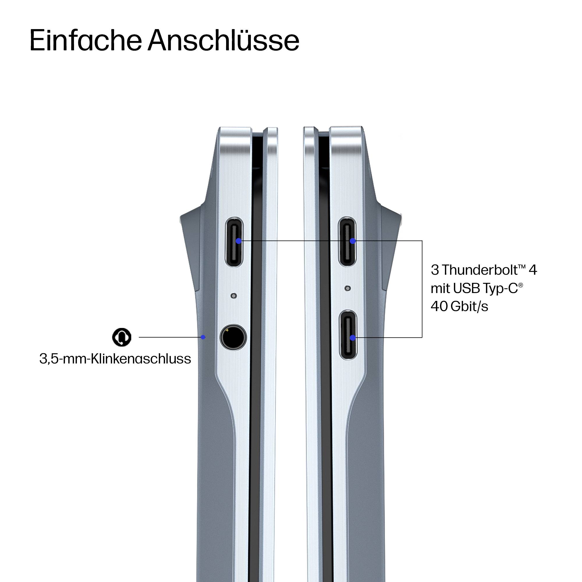 Diagramm der einfachen Anschlüsse eines Geräts: 3 Thunderbolt 4 USB Type-C-Anschlüsse mit 40 Gbit/s und eine 3,5-mm-Kopfhörerbuchse.